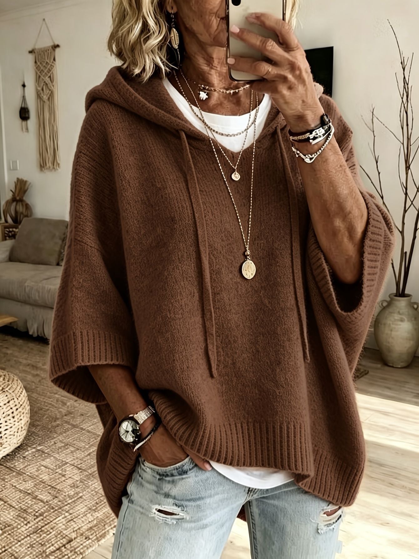 New Knitted Hoodie With Drawstring, Loose Fit Outerwear Sweater