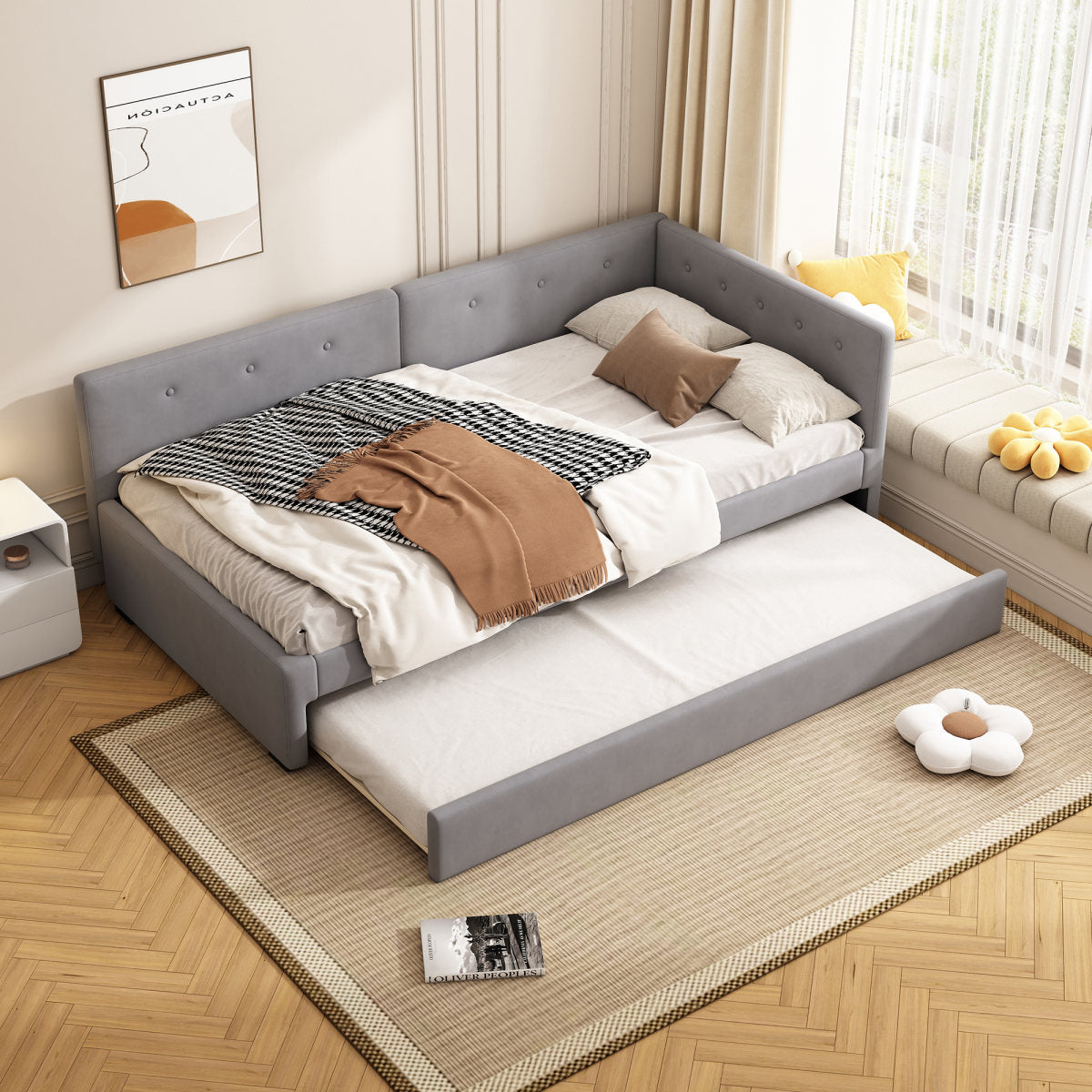 Daybed 90x200cm, Daybed With Rollaway Bed, Sofa Bed, Single Bed  Without Mattress , Minimalist Styling, Grey