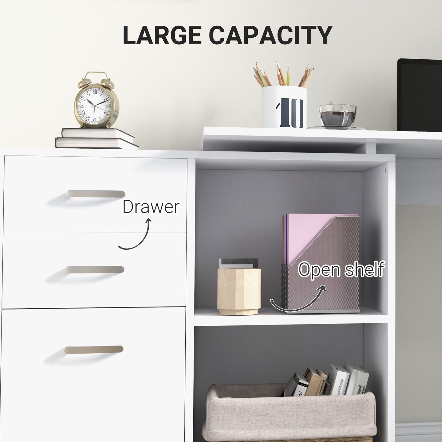 L Shaped Computer Desk, Reversible Home Office Desk With Drawers, File Cabinet And Storage Shelves, Study Table, 117 X 83.5 X 76cm, White