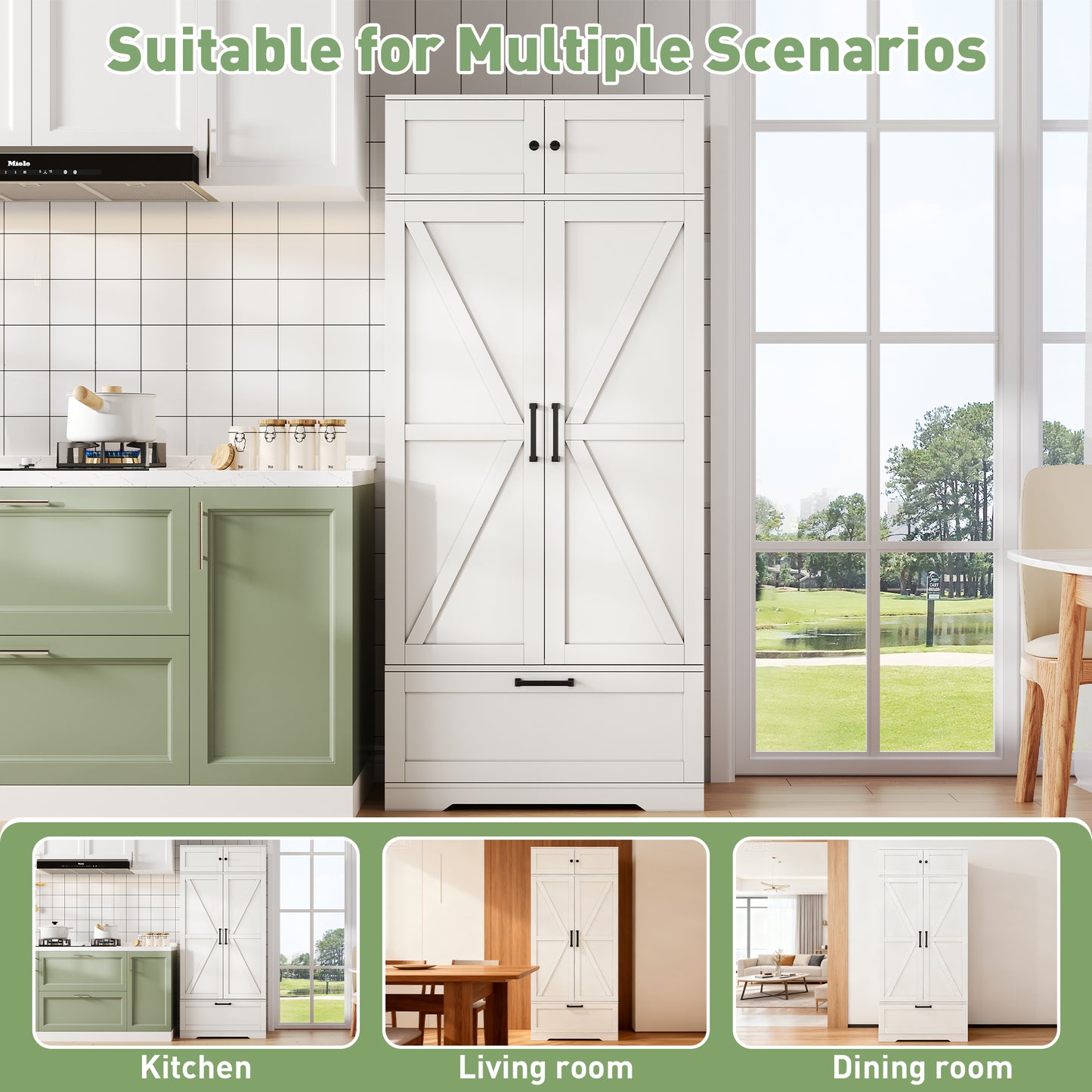 80x40x180cm Large, Freestanding Kitchen Storage Cabinet ,  Pantry With Adjustable Shelves, Drawers, Wine Rack, And Doors With Shelves, For Kitchen Dining Room Living Rom