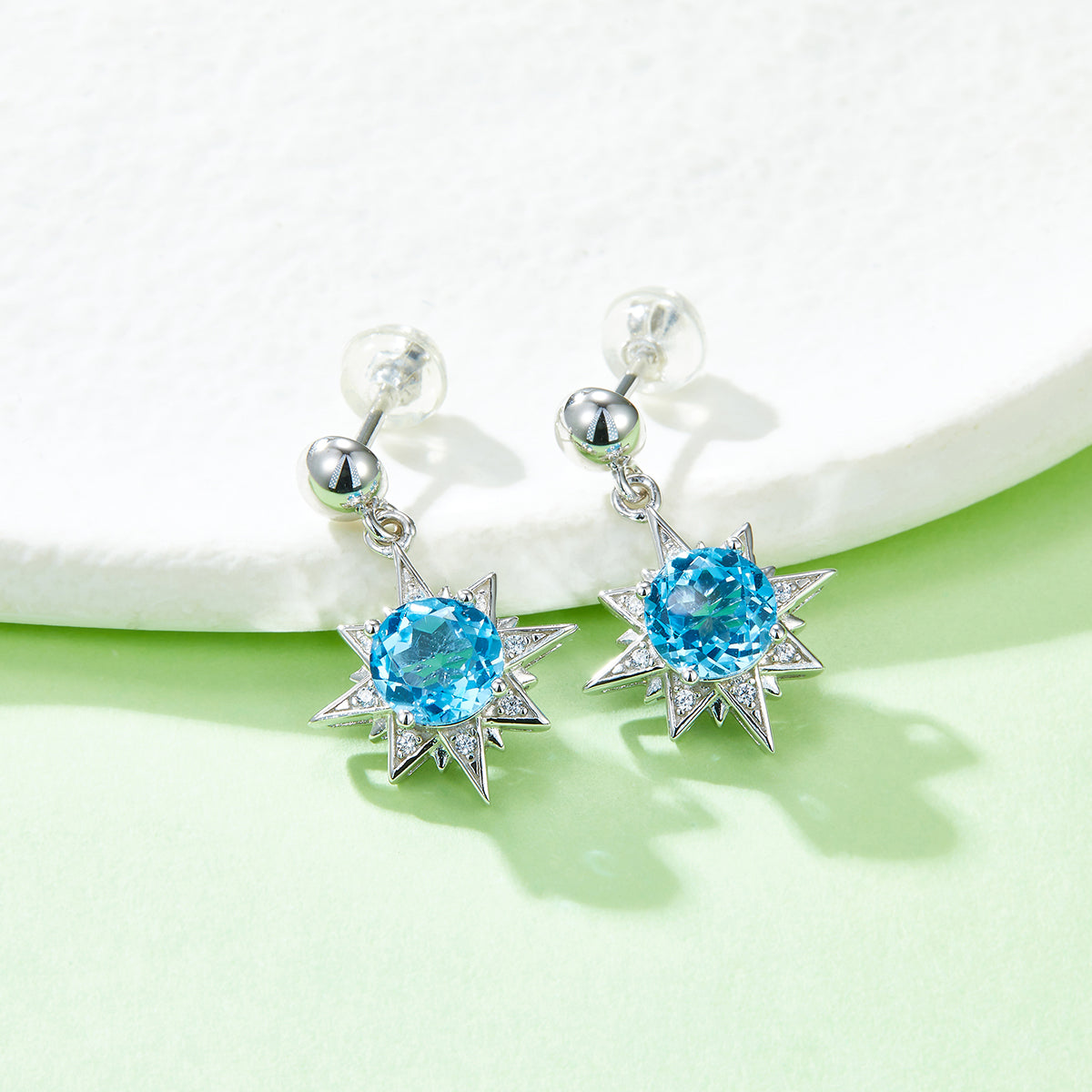 S925 Sterling Silver Star Dangle Earrings, 6mm Natural Blue Crystal, Platinum Plated Drop Earrings For Women, 3.2g, Jewelry Gift Box Set