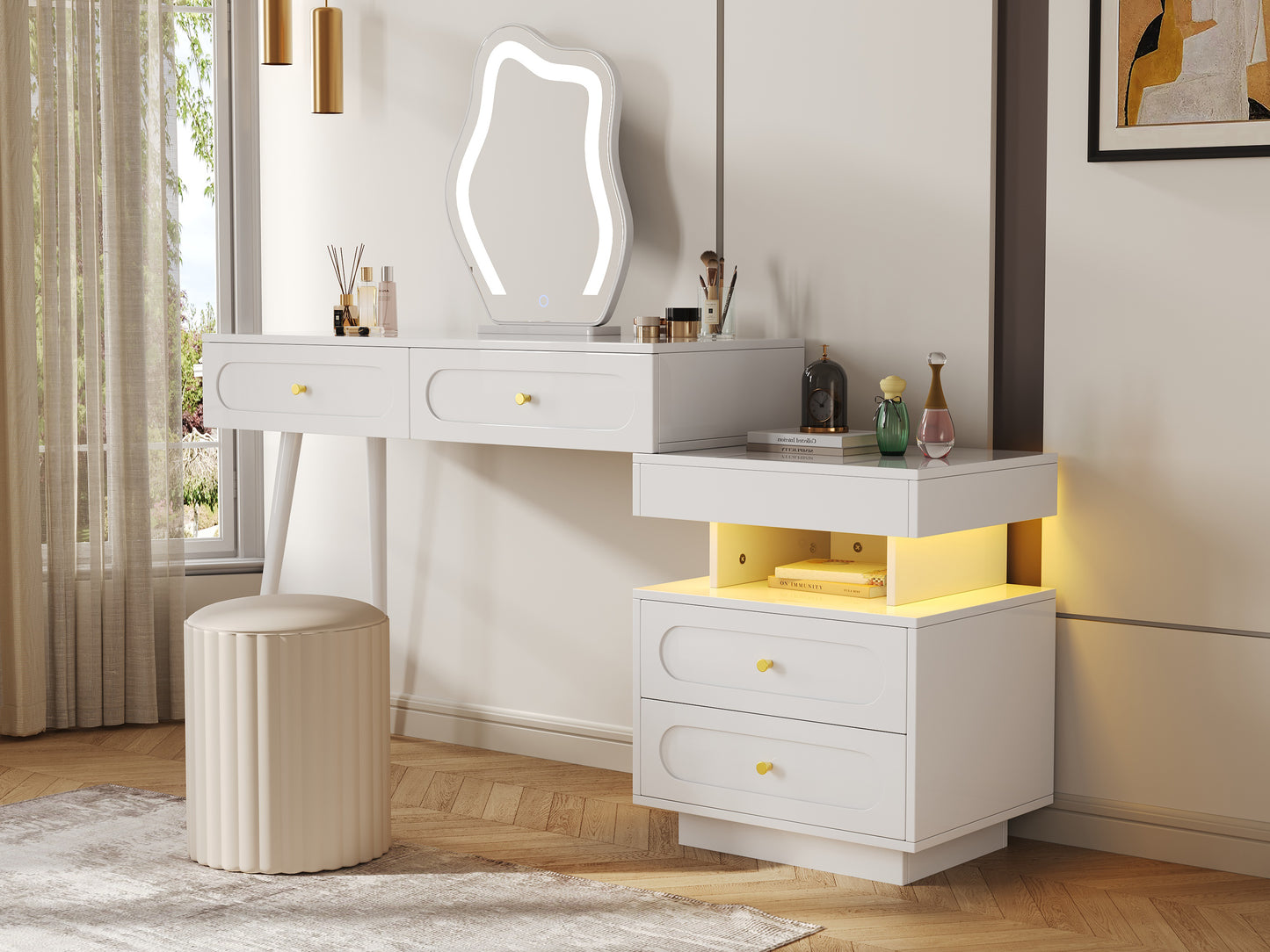 Dressing Table With LED Mirror And Lighting - White Dressing Table Set For Bedroom With 4 Spacious Drawers And 1 Open Storage Compartment - White, Dimensions W140 D40 H130 Cm Without Stool