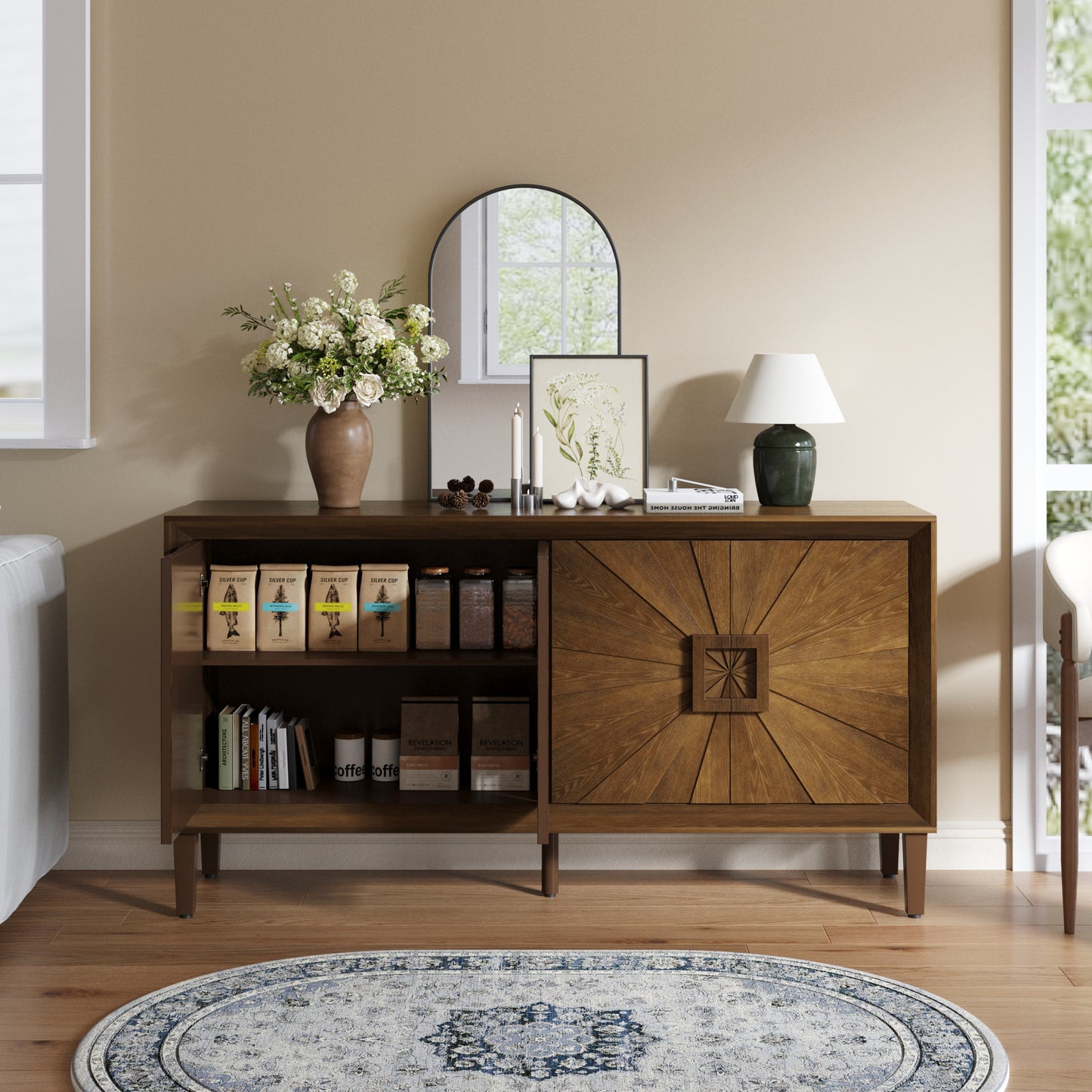 60   Premium Rustic American Farmhouse Credenza - Symmetrical Sunburst Door Design, Heavy-Duty Antique Wood TV Stand With Adjustable Shelves, Storage Cabinet For Living Room Kitchen  Antique Brown