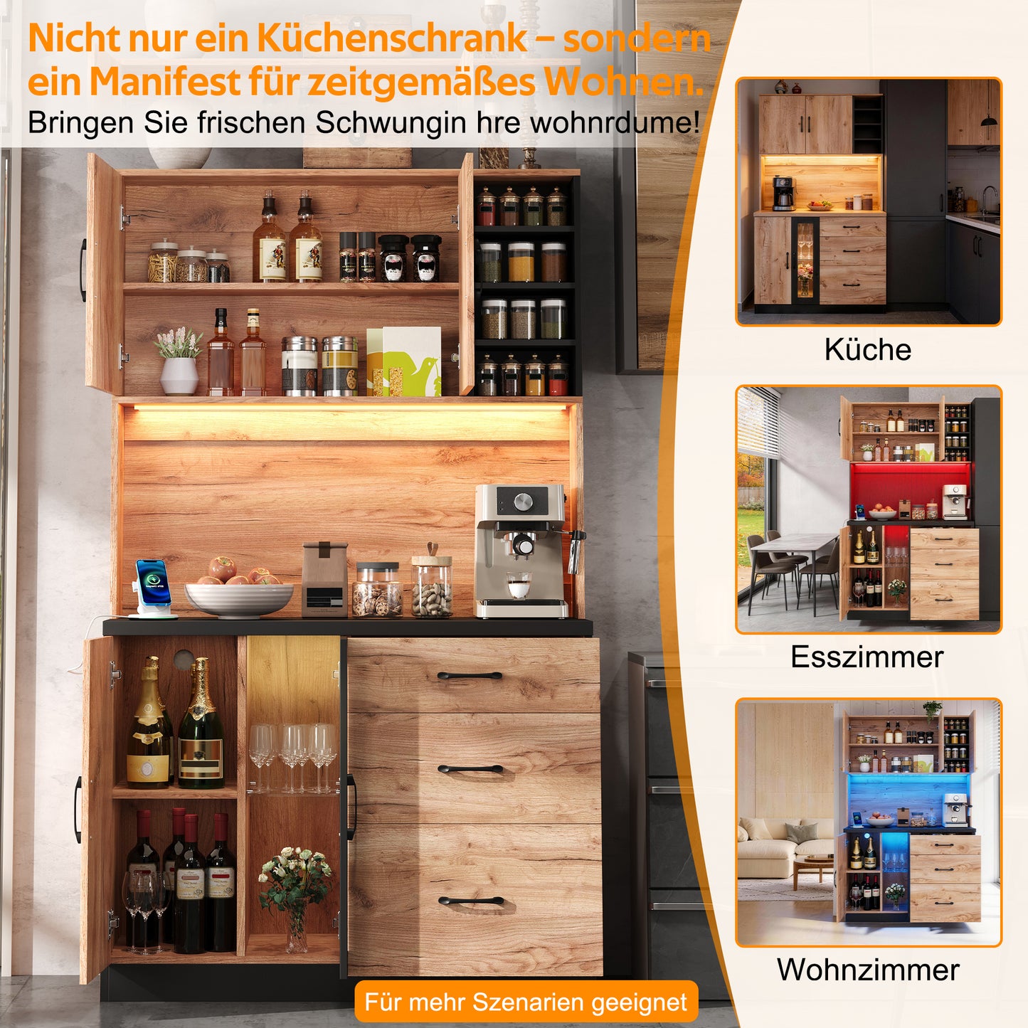 105 X 40 X 180 Cm Modern Kitchen Tall Cabinet, Black And Wood Look With LED Lighting, Adjustable Shelves And Euro-style Socket, Suitable For Kitchens, Dining Rooms, Living Rooms, Etc.