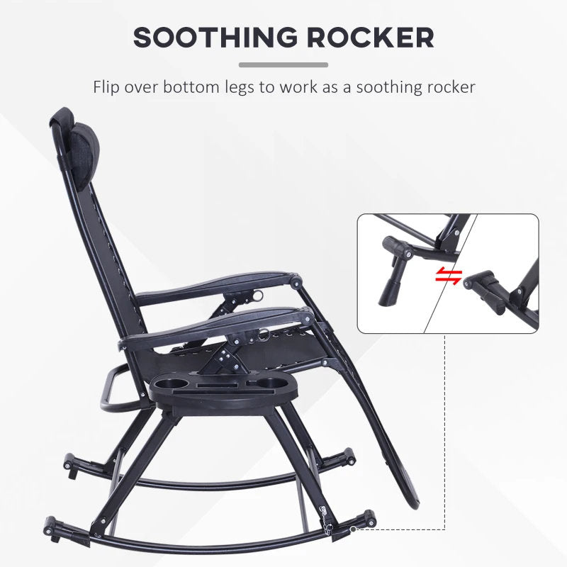 Outdoor Rocking Chairs, Foldable Reclining Zero Gravity Lounge Rocker With Pillow, Cup & Phone Holder, Combo Design With Folding Legs, Black