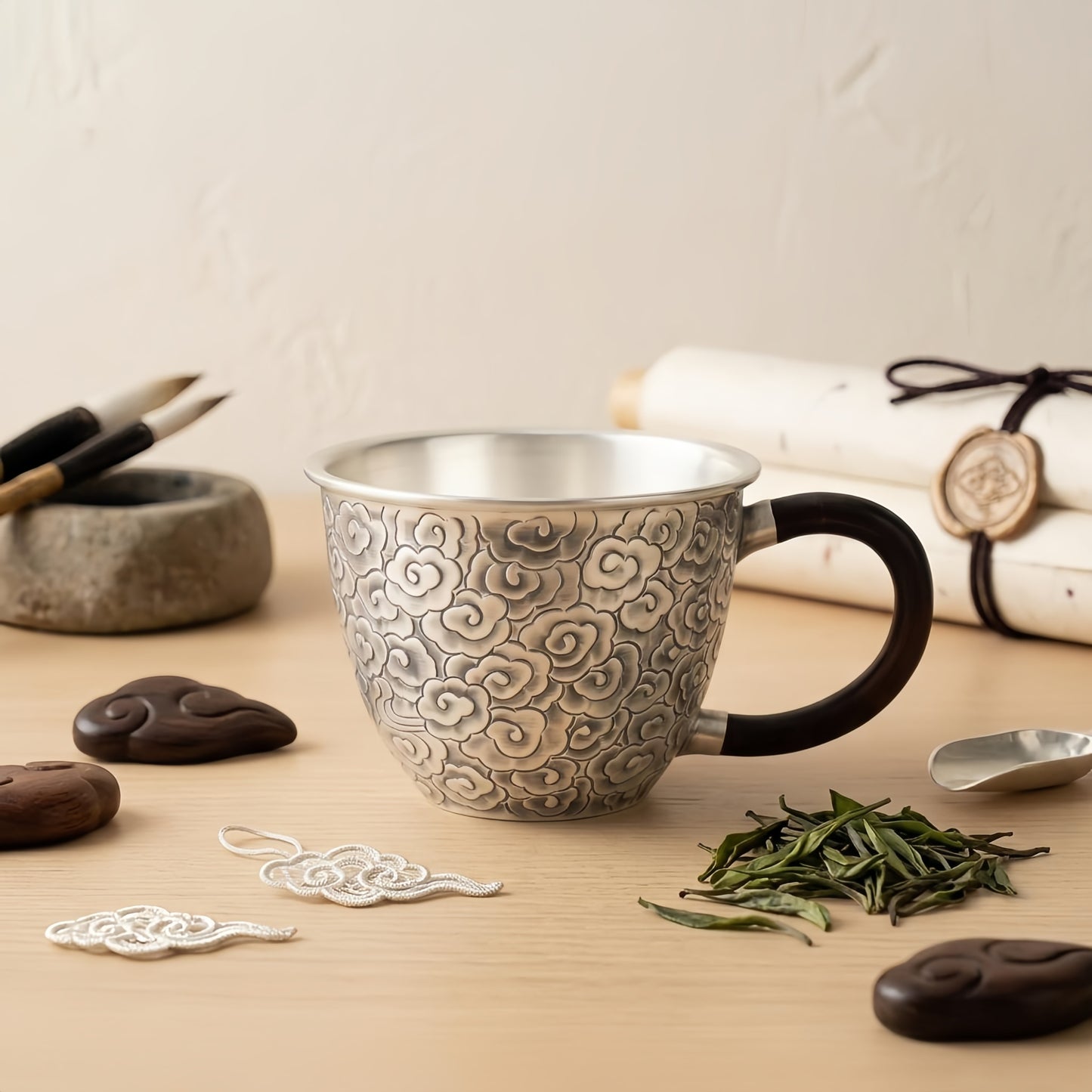 925 Sterling Silver Handcrafted Silver Tea Cup Featuring Intricate Cloud Motifs and Elegant Wooden Handle - Handicraft