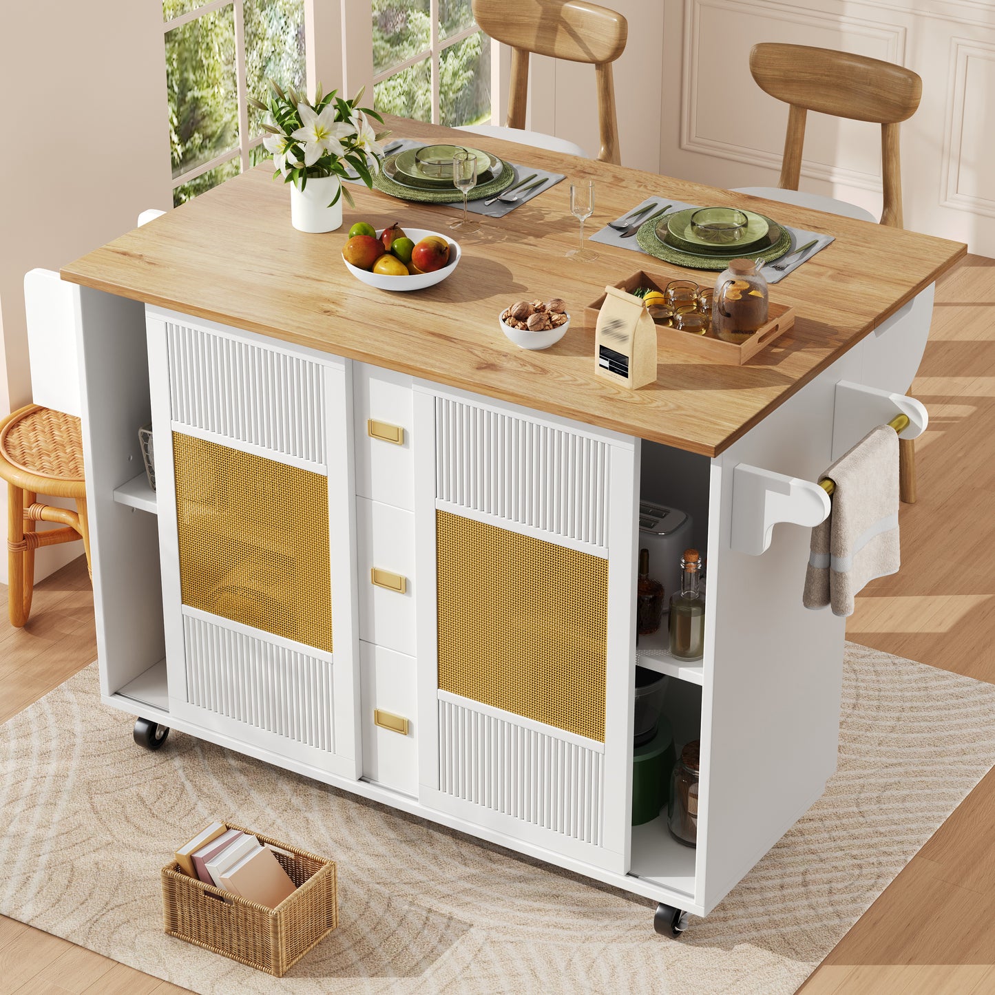 Kitchen Island, Kitchen Furniture, Kitchen Cabinet Kitchen Island Freestanding, Buffet Cabinet, 120x73 X90cm, Extendable Kitchen Trolley With Wheels, Towel Rail, Spice Rack, Adjustable Shelves, Whi