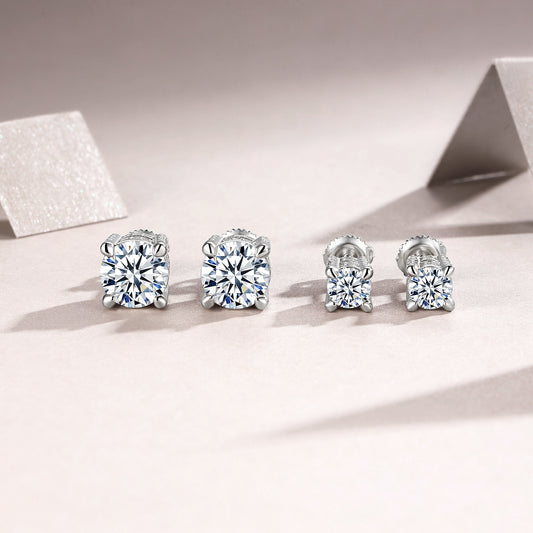 S925 Sterling Silver Moissanite Stud Earrings, 0.5&2ct D-VVS1 4-Prong Basket Pave With Screw Backs, GRA Certificate Gift Box