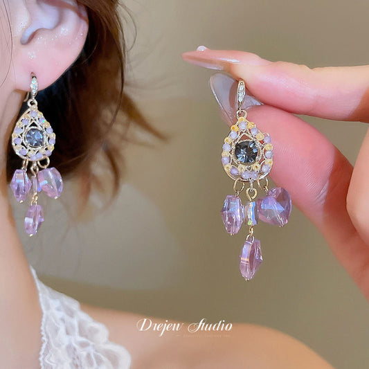 Purple Crystal Rhinestone Earrings For Women Korean Style Flower Luxury Versatile