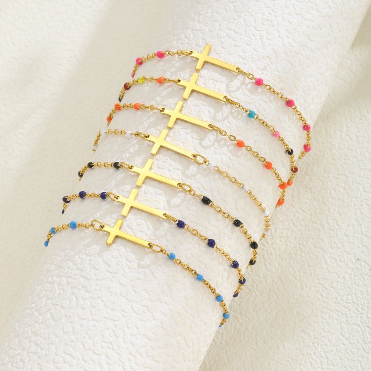 Stainless Steel Cross Simple Womens Bracelet Beaded Exquisite Graduation Season Gift Jewelry