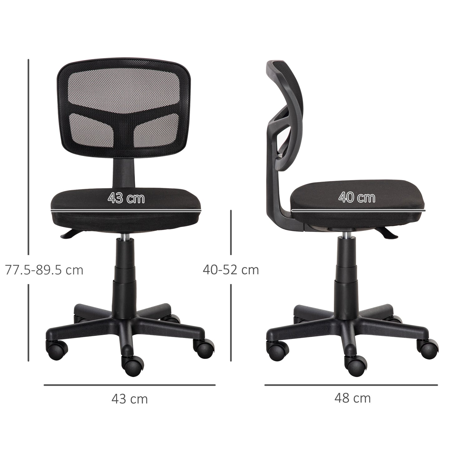 Vinsetto Small Office Chair Without Arms, Ergonomic Swivel Mesh Desk Chair With Curved Back And Wheels, Height Adjustable, For Home Vanity Computer Dressing Table Study Bedroom, Holds Up To 120 Kg