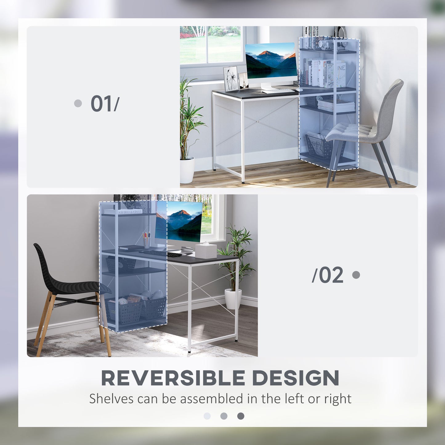 Computer Desk With Storage Shelves On Left Or Right, Industrial Reversible Writing Desk For Home Office, Study, Easy Assembly, 120 X 64 X 121cm, Black And White