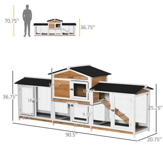 Wooden Rabbit Hutch Bunny Cage Pet Playpen House Enclosure With Double Side Run Boxes, No Leak Tray, Ramp, For Rabbits, Chickens, Ducks, Guinea Pig And Small Animals, White