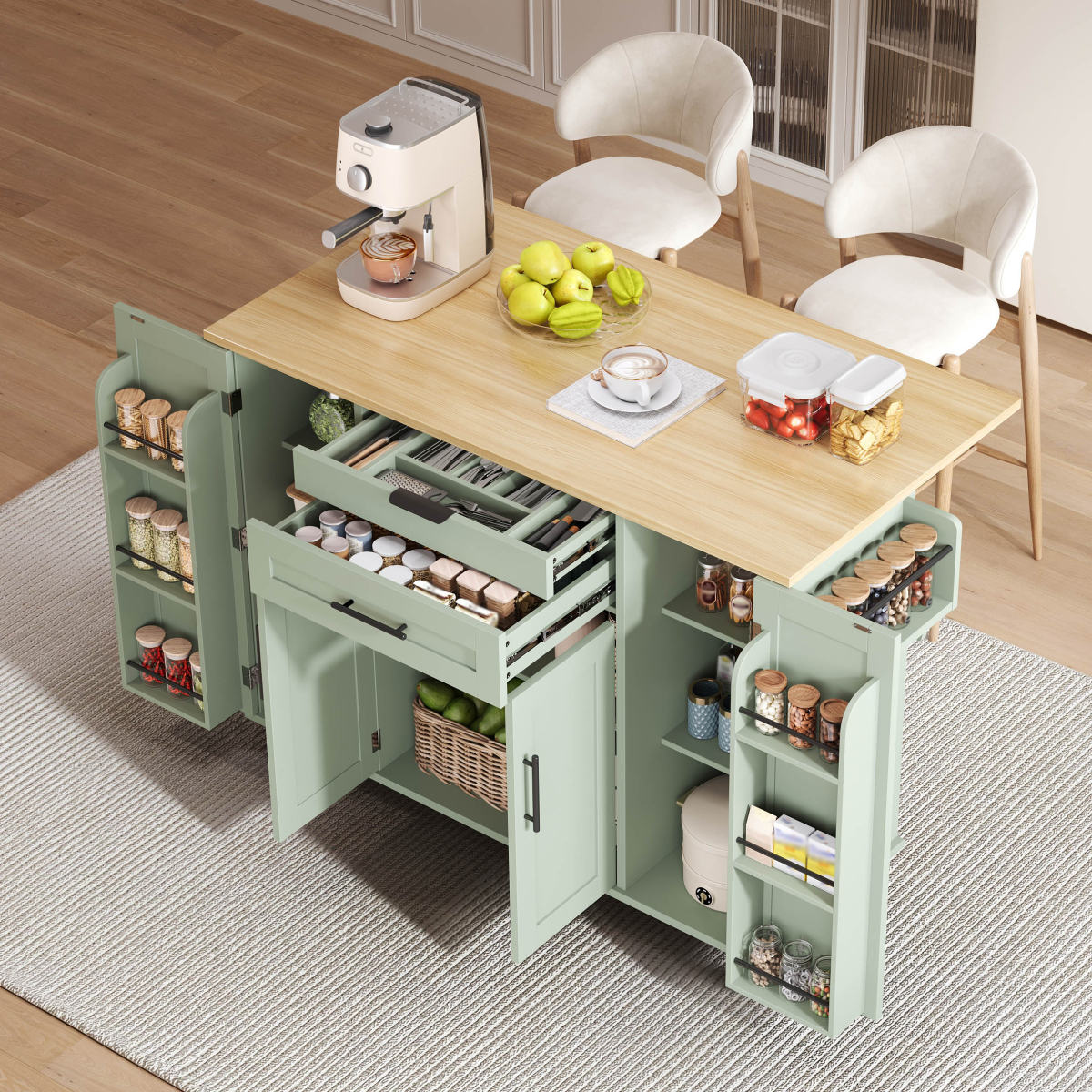 120x45cm, Mobile Kitchen Island, Kitchen Trolley, Pull-out Worktop Up To 70cm, Concealed Cutlery Drawer, Adjustable Shelves, Spice Rack And Towel Rail, Suitable For Kitchen, Dining Room Or Living Room