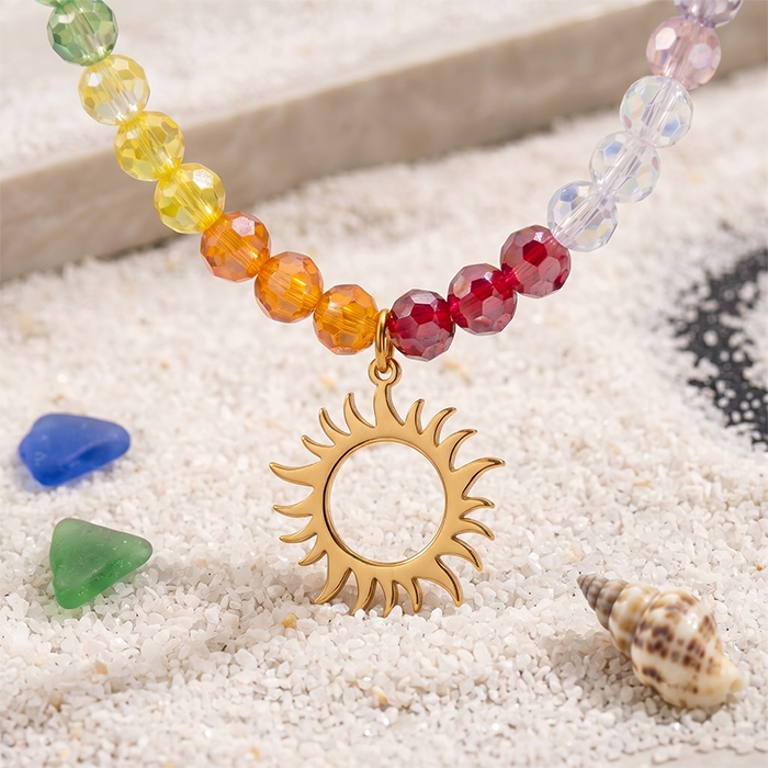 Rainbow Glass Bead Sun Necklace For Women, 18K Gold Plated Stainless Steel Celestial Sunburst Pendant Choker, Colorful Summer Jewelry Gift