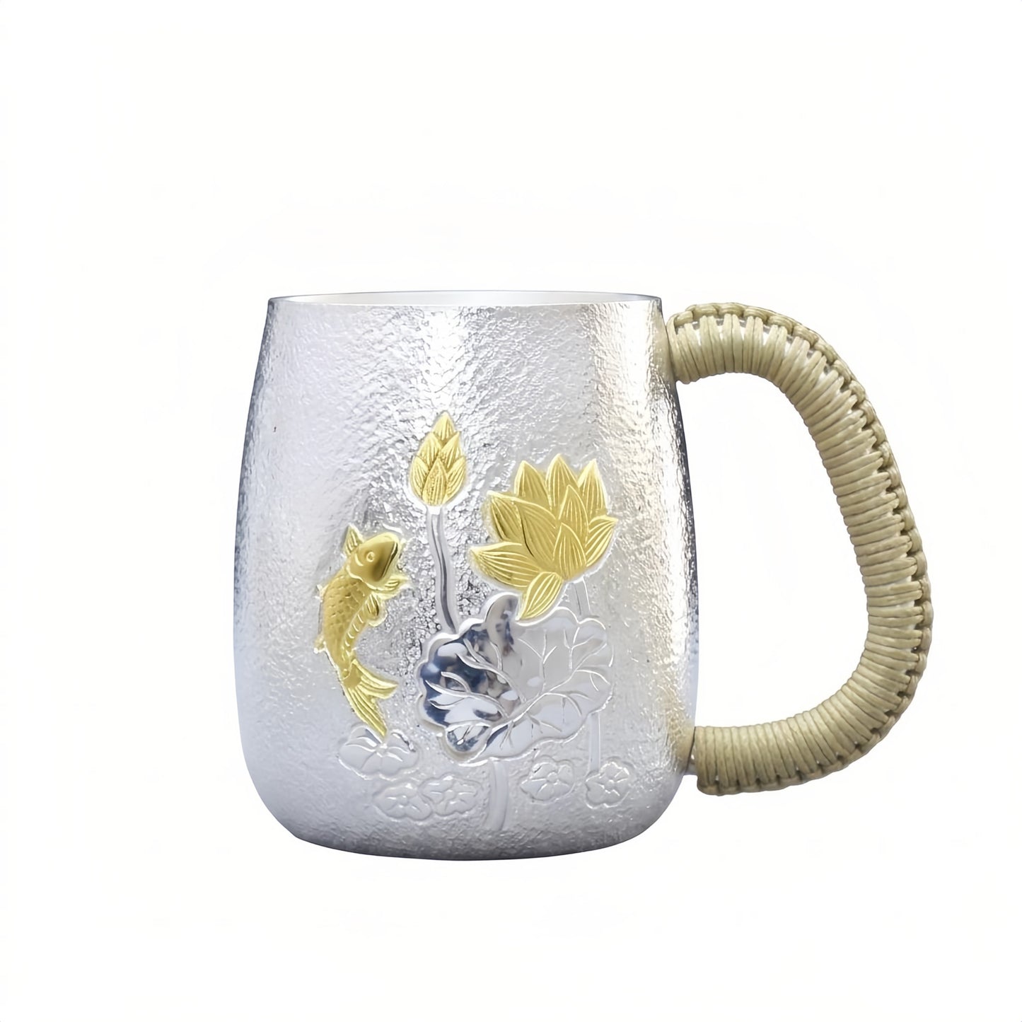 925 Sterling Silver Elegant Hammered Silver Tea Mug Featuring Gilded Lotus and Fish Accents with Woven Handle - Handicraft