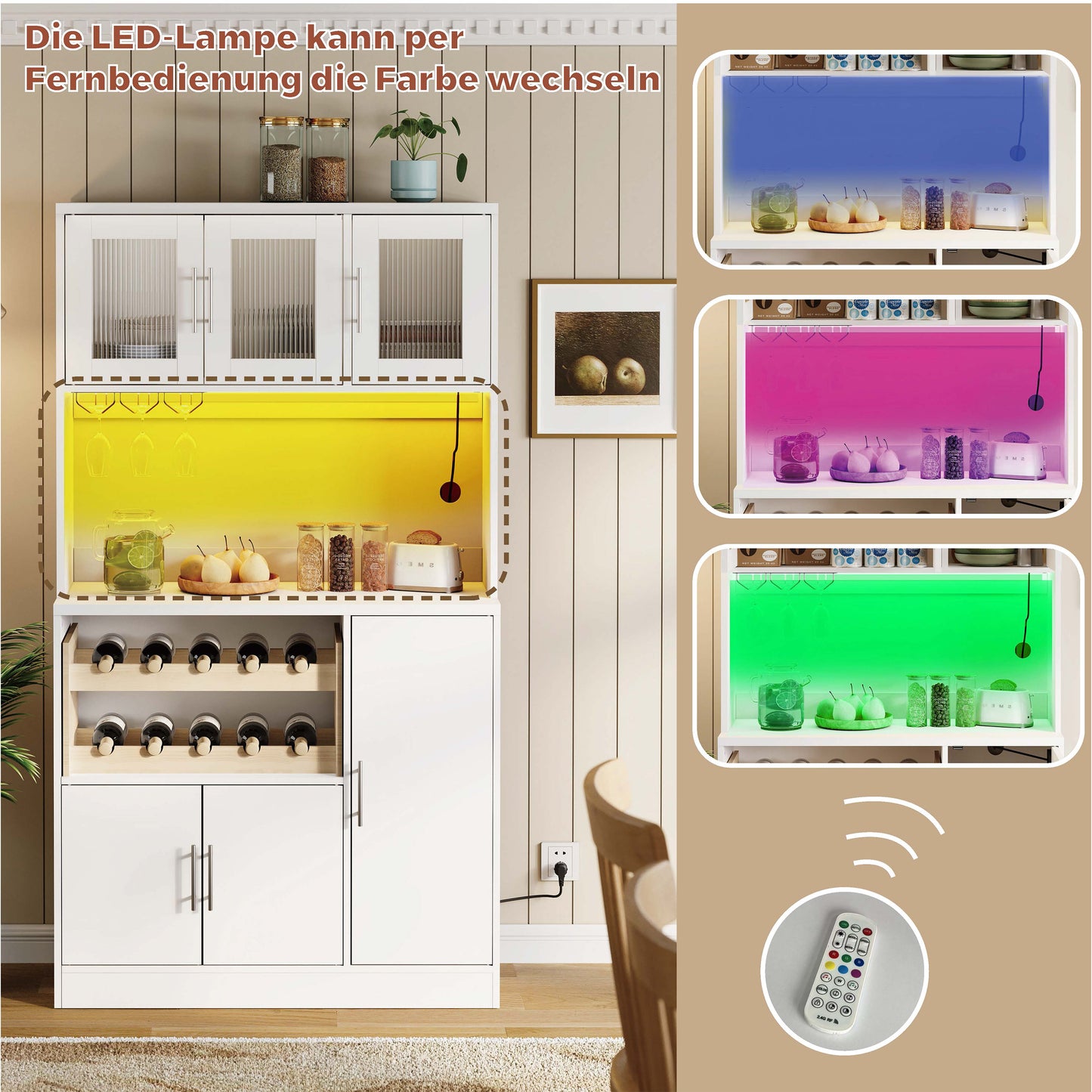 Kitchen Pantry Cabinet, White Kitchen Cabinet With RGB LED And Socket, Tall Pantry Cabinet With Wine Glass Holder & Wine Rack, Modern Kitchen Cabinet With Glass Fronts, 100x40x180 Cm