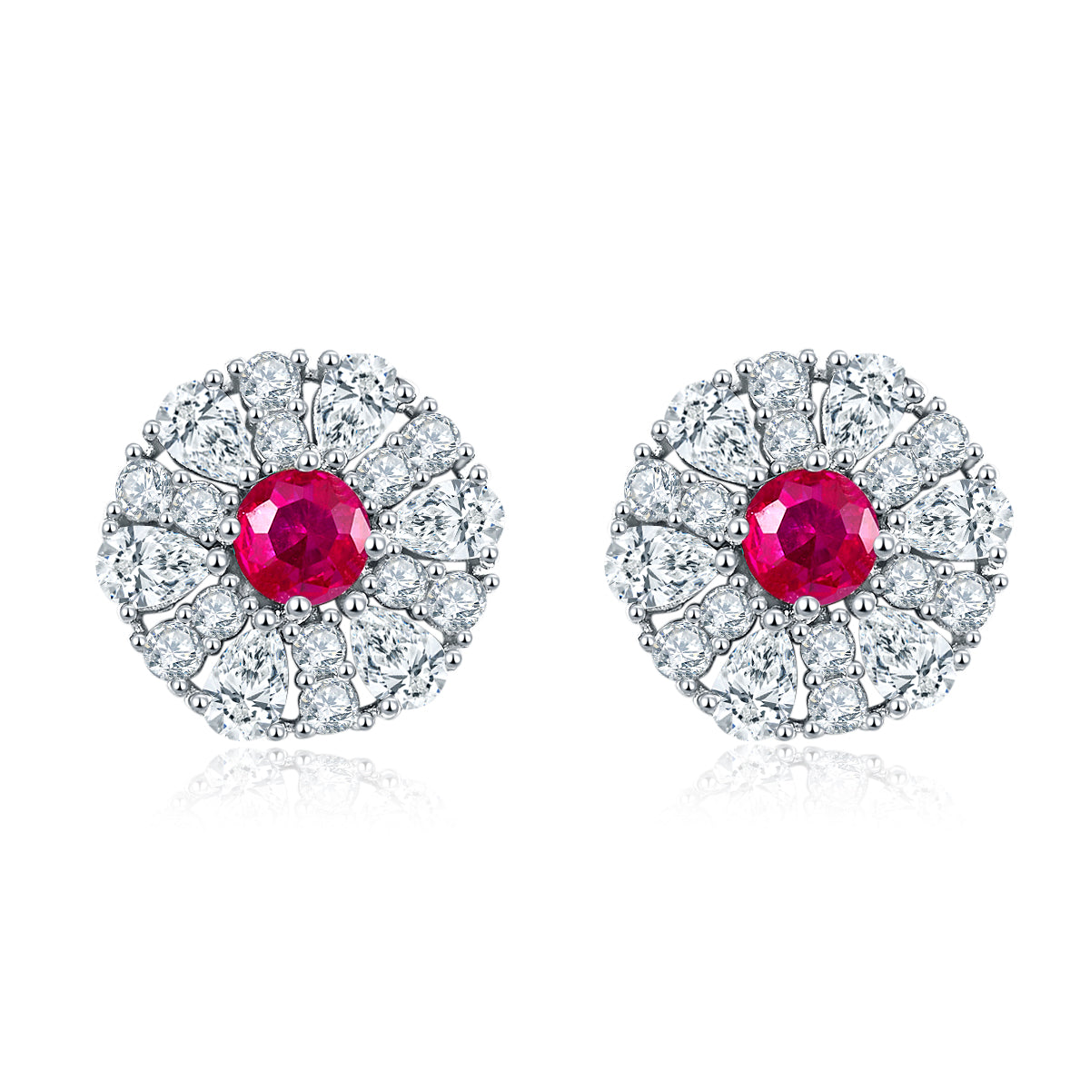 S925 Sterling Silver Cluster Stud Earrings, 3.5mm Lab-Grown Ruby Sapphire Emerald Halo, Platinum Plated 2.2g Women's Jewelry Gift Box