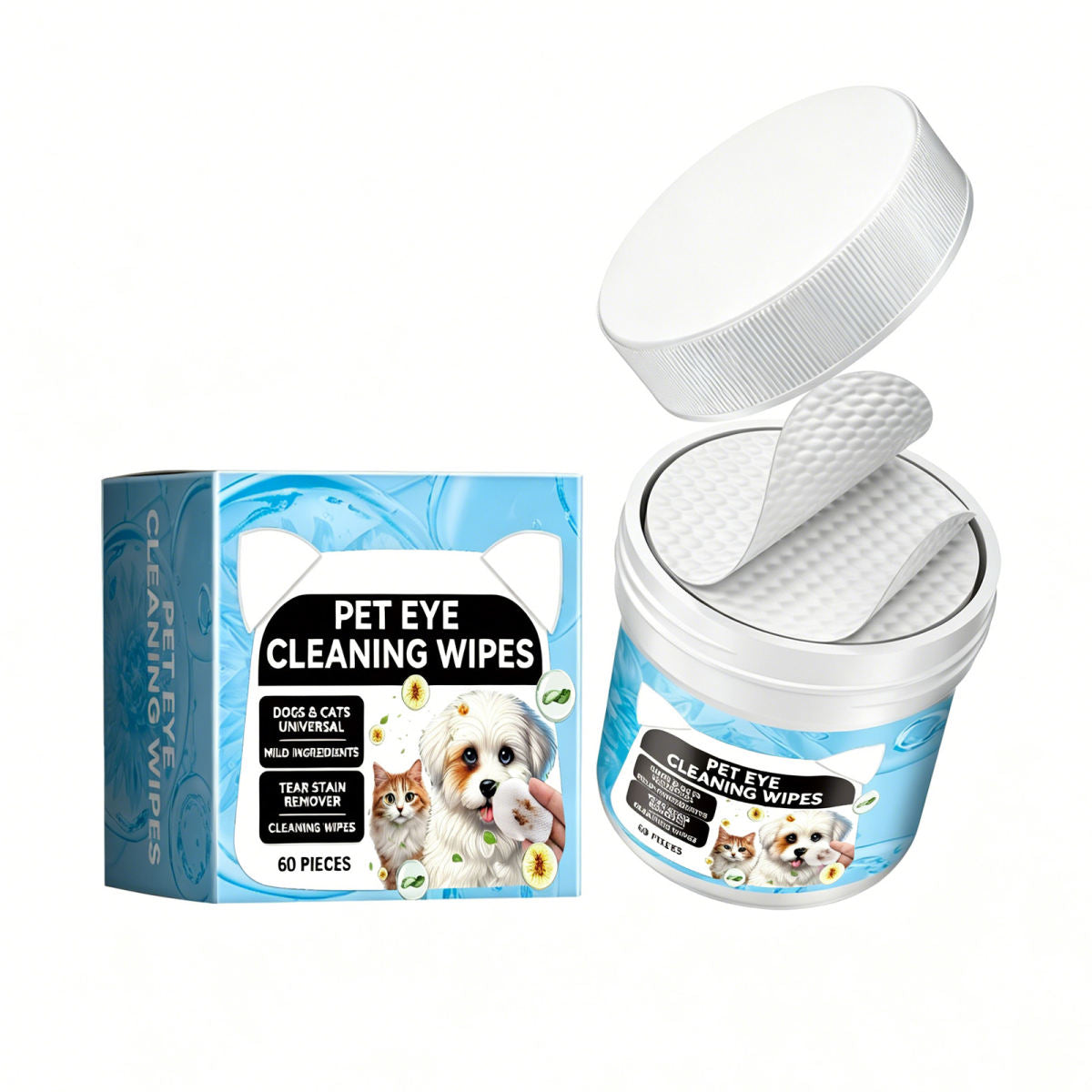 Pet Eye Cleaning Wipes For Dogs & Cats, Tear Stain Remover Pads, Mild Citric Acid Formula, 60 Count