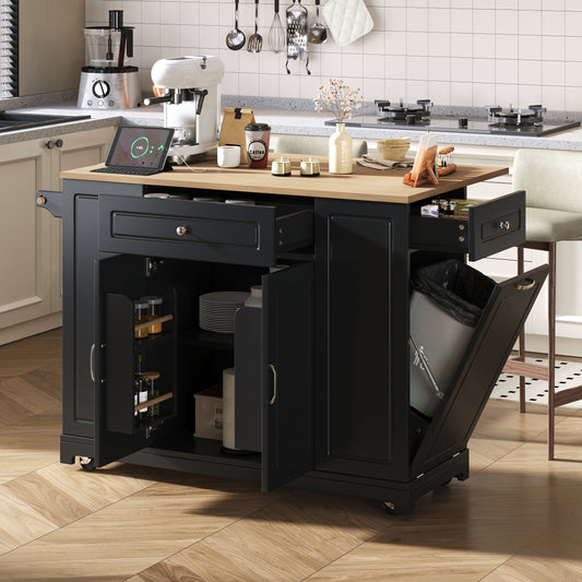 Kitchen Island With Wheels, Extendable Dining Area Kitchen Island With Multifunction Drawers And Waste Bin Compartment, Mobile Kitchen Island Ideal For Kitchen And Dining Room Black