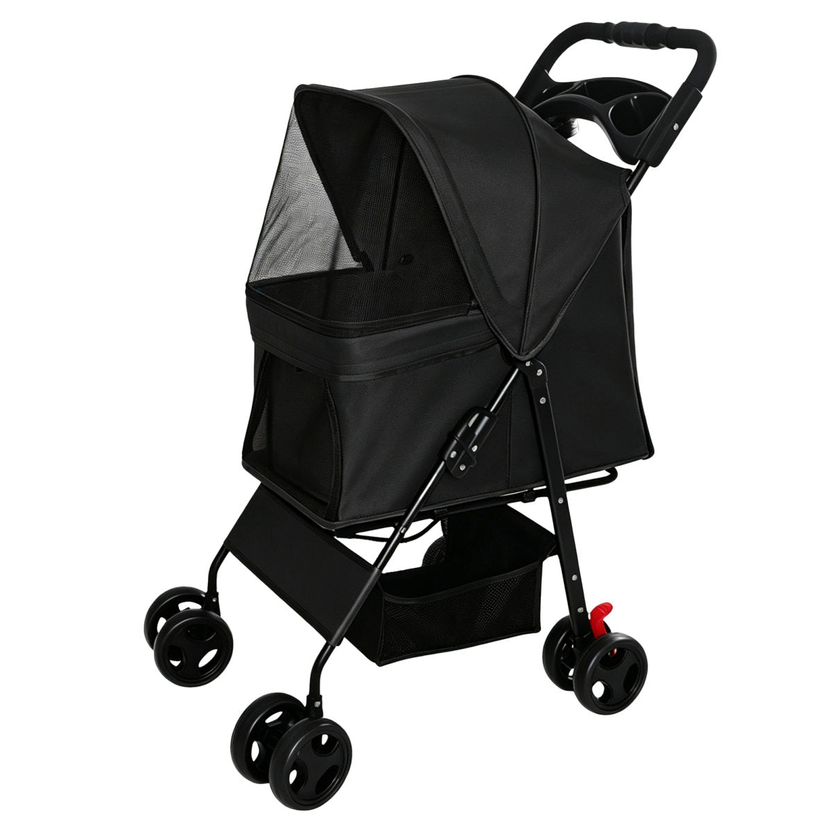 Foldable Pet Stroller for Small Dogs and Cats Under 28 lbs with Multi-Functional Tray, 2 Safety Leashes, Storage Basket & Breathable Mesh, 4 Wheels Pet Stroller, Black
