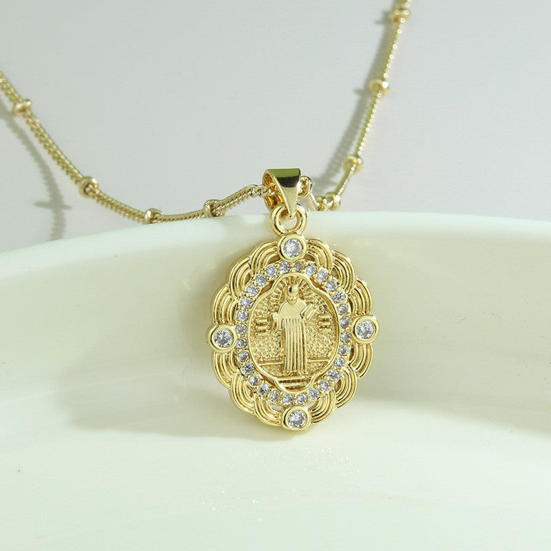 Premium 18K Gold Plated Necklace, Double Sided Madonna Crown Cross Zircon Pendant