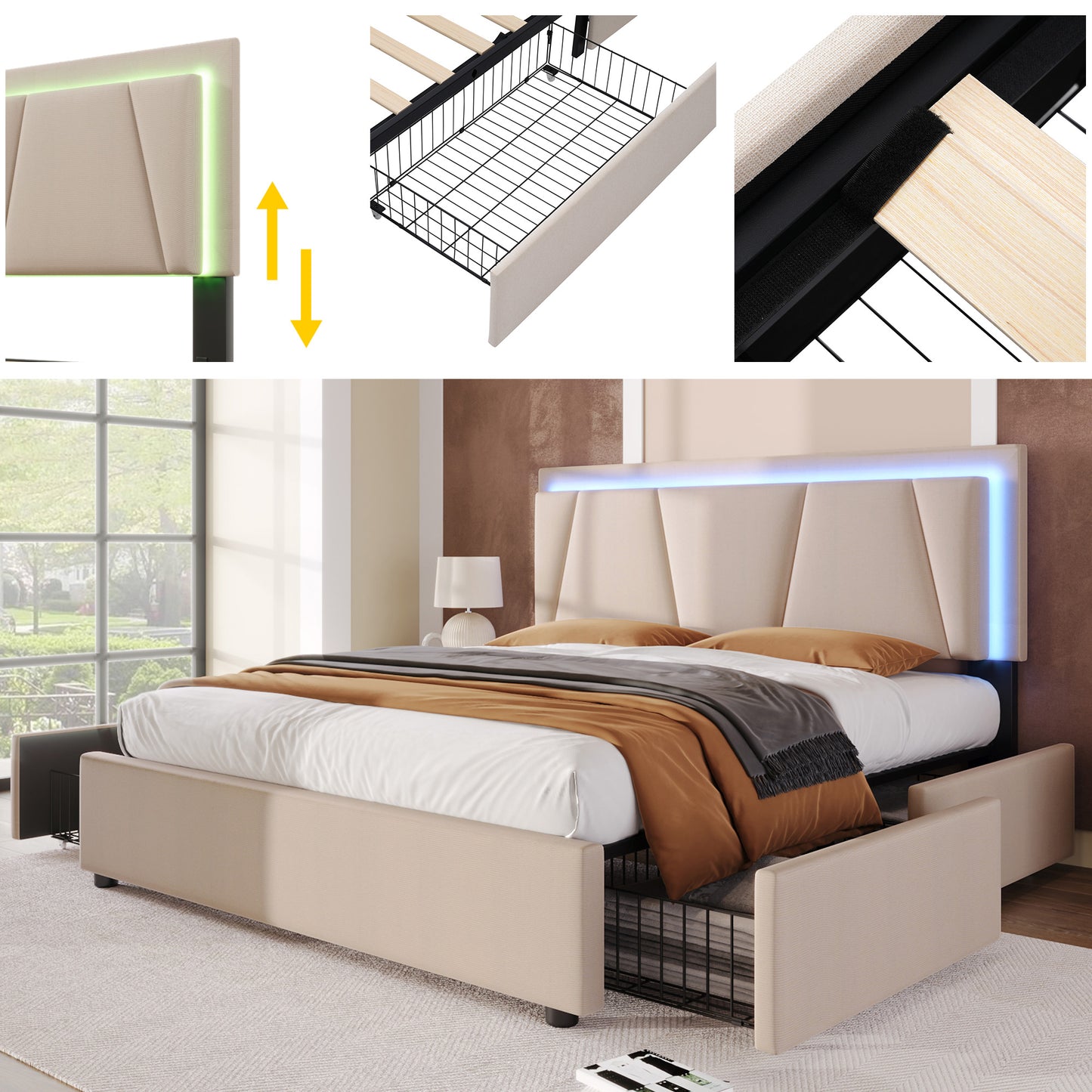 808182AAB Upholstered Bed With LED Lighting And 4 Drawers,Height-adjustable Headboard,Double Bed 160x200cm Storage Beds Bed Frame, Wooden Slatted Frame, Beige  Without Mattress