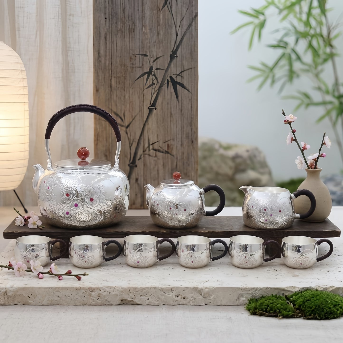 925 Sterling Silver Vintage  Tea Set with Floral Engraving and Red Accents - Handicraft