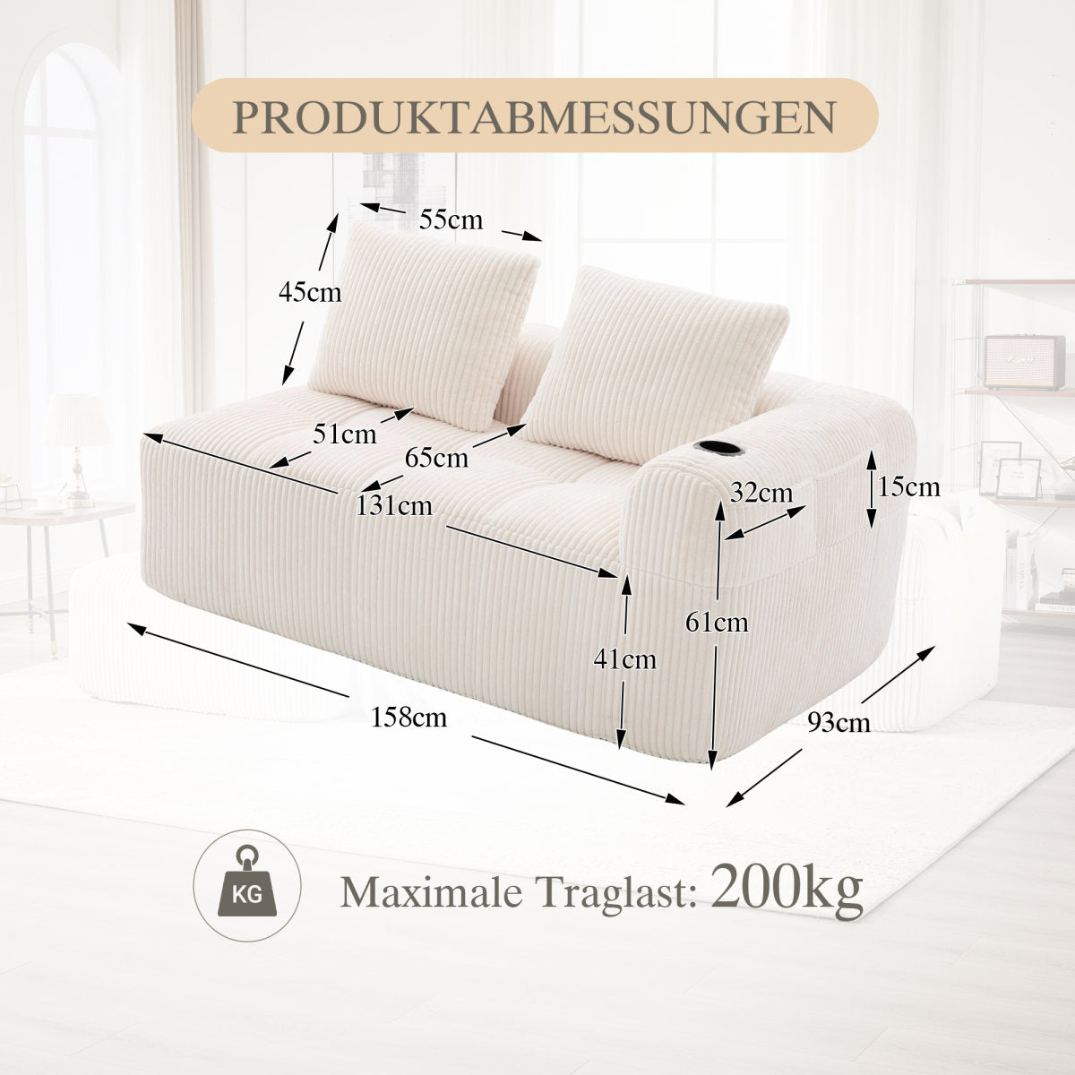 Cozy Corduroy Fabric Two-Seater Sofa  Without Assembly, Soft Back Cushions, Side Storage Pocket For Remote Control And Mobile Phone, Integrated Cup Holder  Neat And Aesthetic.