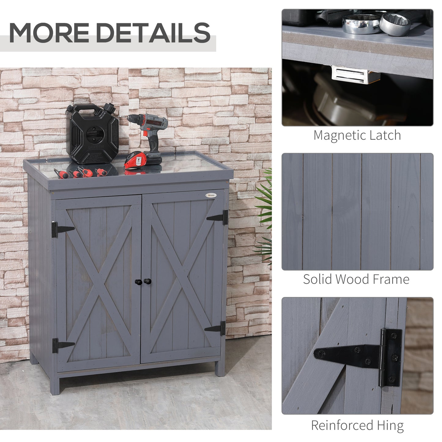 Outdoor Storage Cabinet, Outdoor Tool Shed with Galvanized Top and Two Shelves for Yard Tools or Pool Accessories, Gray