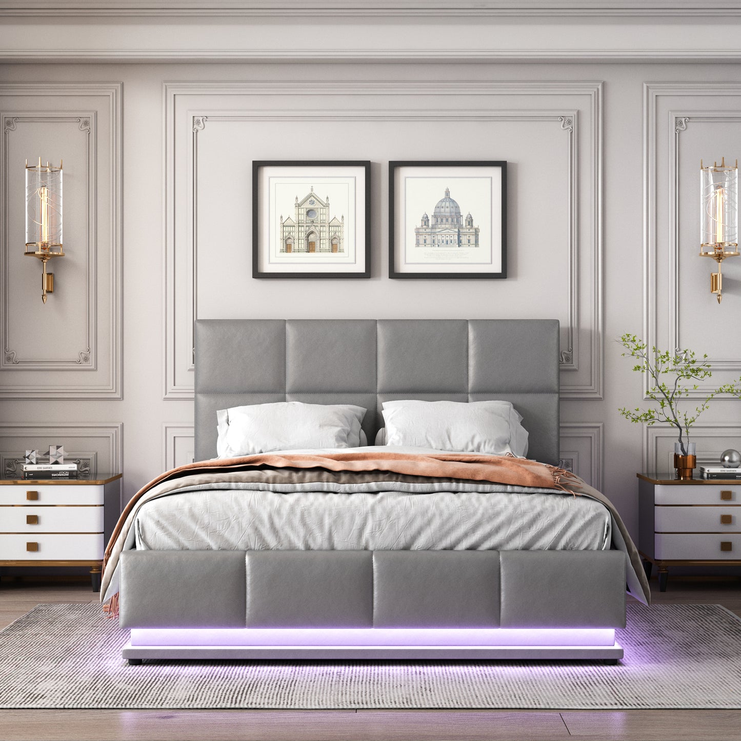 Upholstered Bed 140x200 Cm With LED Lighting & Hydraulically Liftable Bed Storage Space, Bed Base & Slatted Frame Cover Made Of  Leather Double Bed  Youth Bed Grey