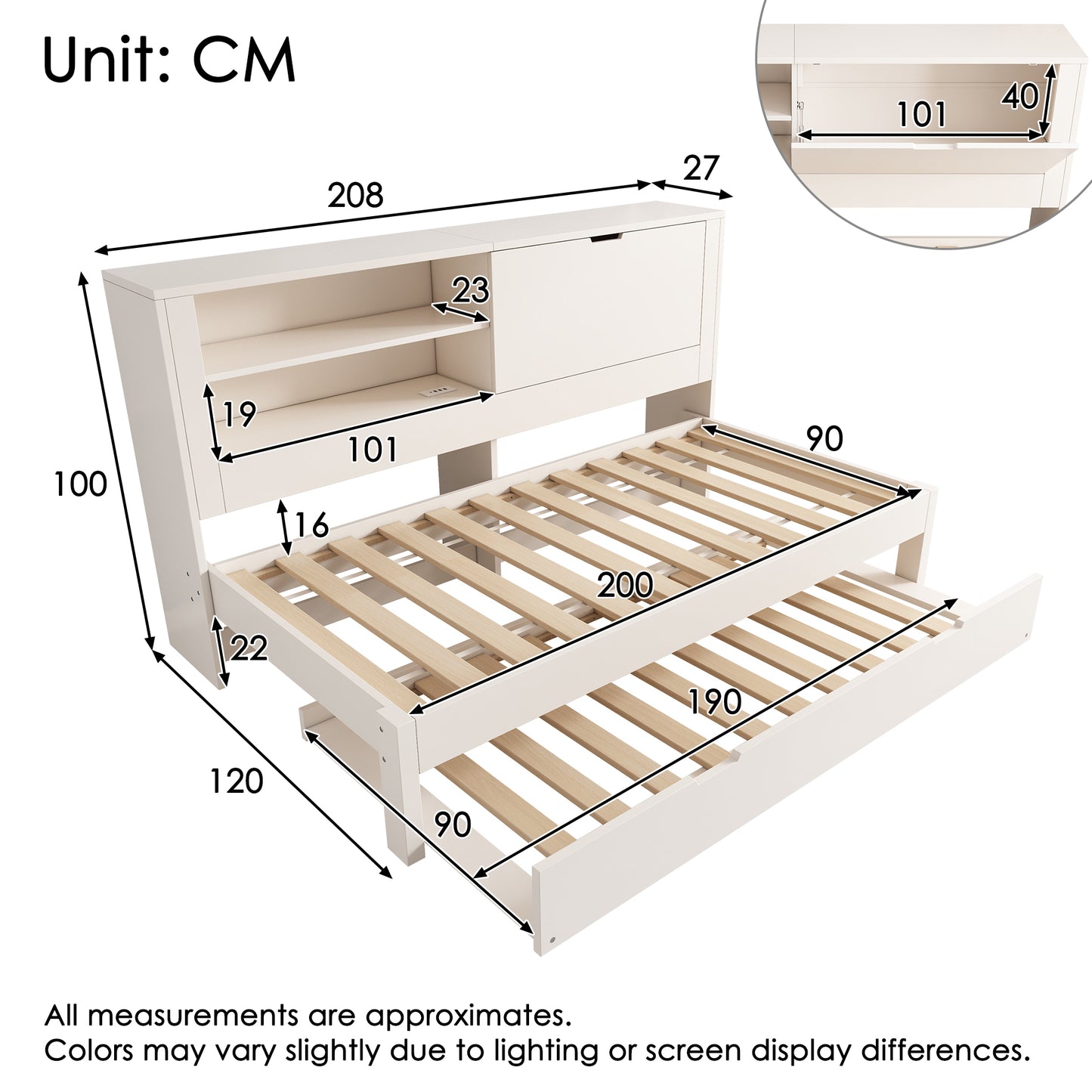Sofa Bed Single Bed 90x200 Cm With Pull-out Bed 90x190, White Bed Frame With Storage Back Panel, Open Compartment, Concealed Folding Storage Space, USB-USB-C Charging Station, Slatted Base, Without Ma