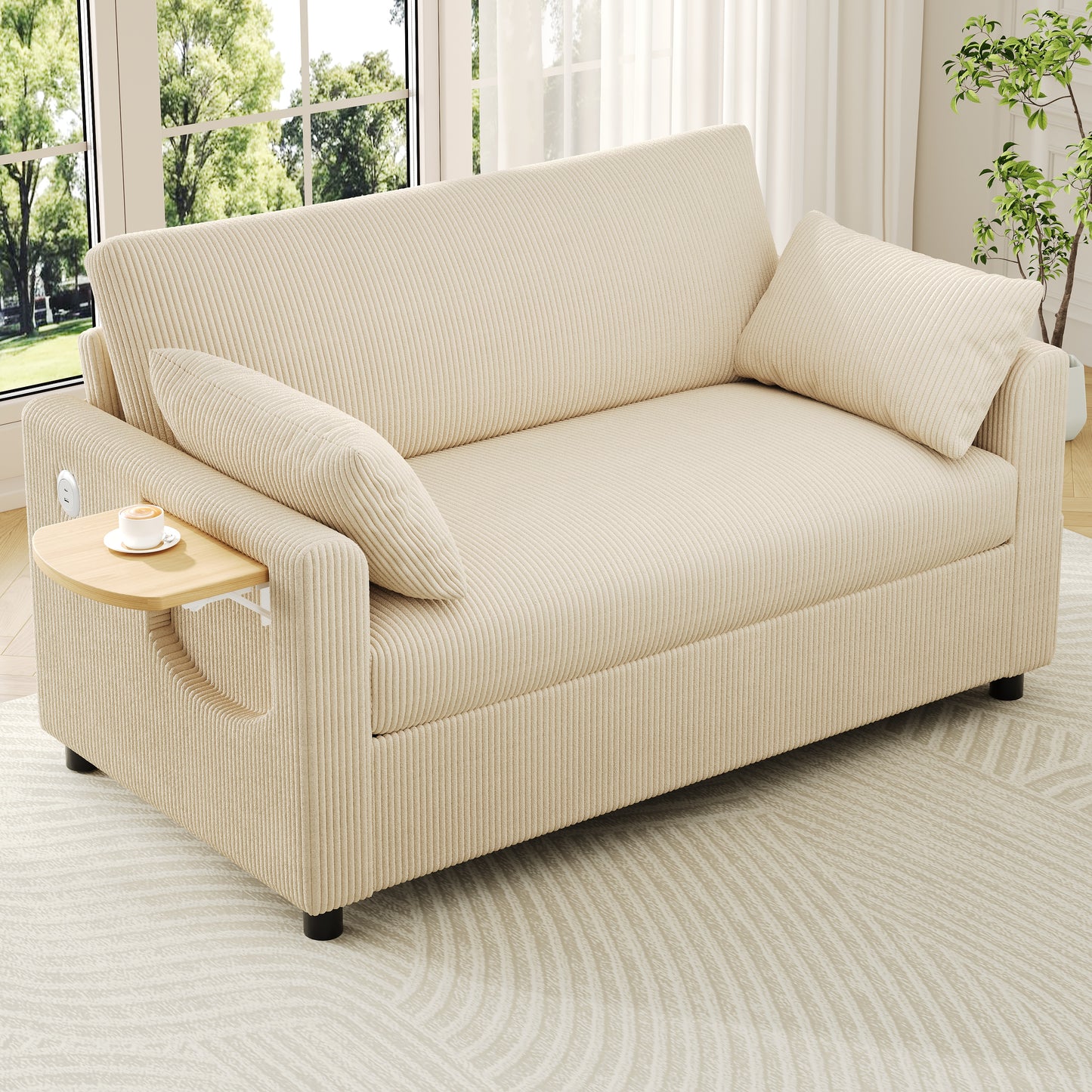 Pull-out 2-seater Sofa Bed With Sleeping Function, USB Charging Port, Folding Side Table, Mattress, Two Sheets And Two Pillows, Ideal For Living Rooms And Apartments, Beige.