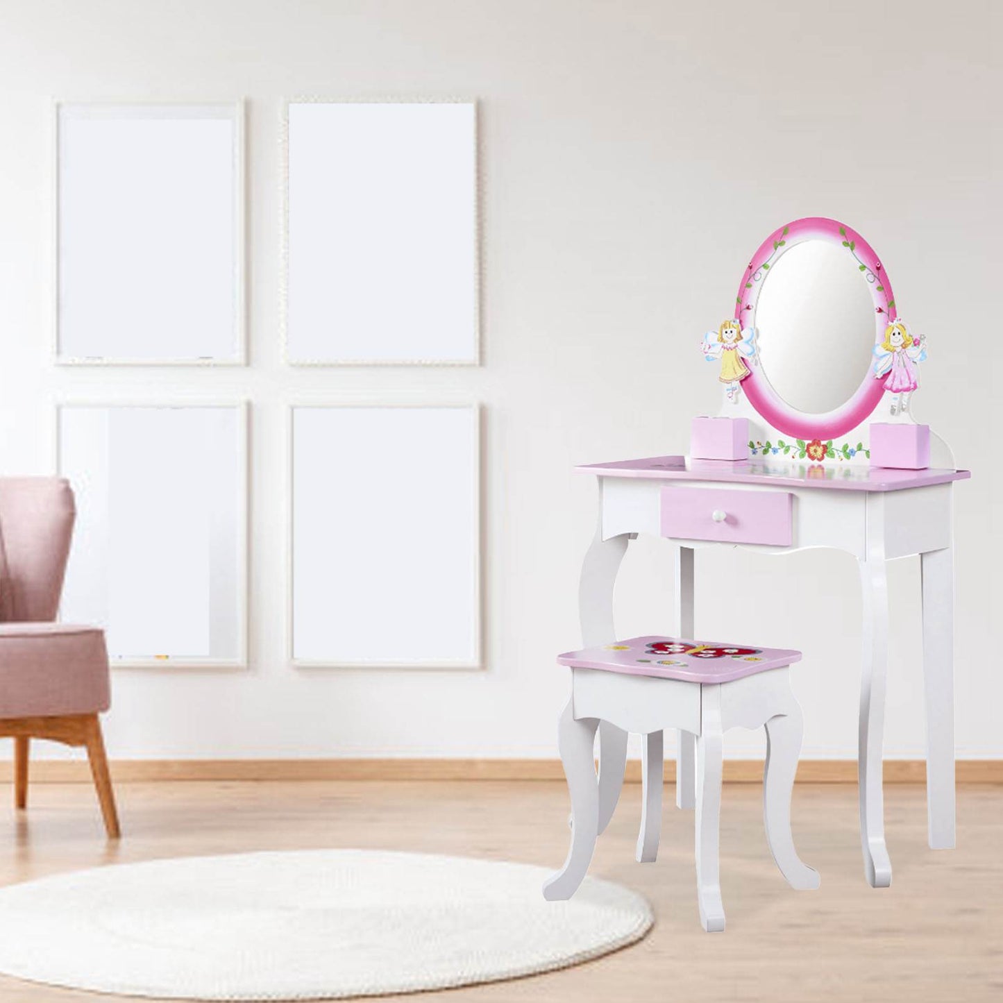 Kids Vanity Set Floral Printed Wooden Makeup Dressing Princess Table With Mirror And Stool For Role Playing Pink