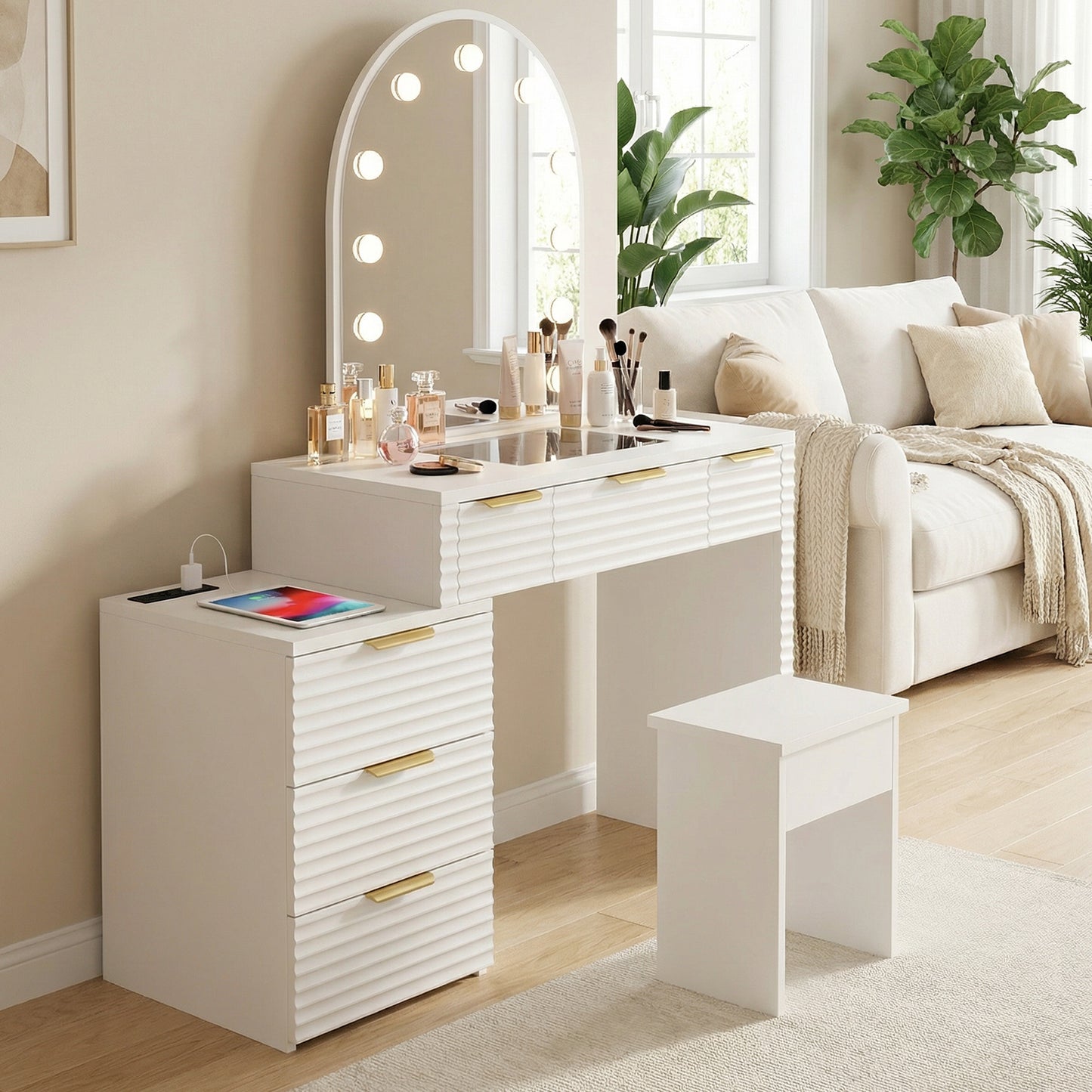 Makeup Vanity Desk With Mirror Lights Glass Tabletop 3 Lighting Modes Adjustable Vanity Table Modern Makeup Desk With Chair Power Outlet And 6 Drawers For Bedroom