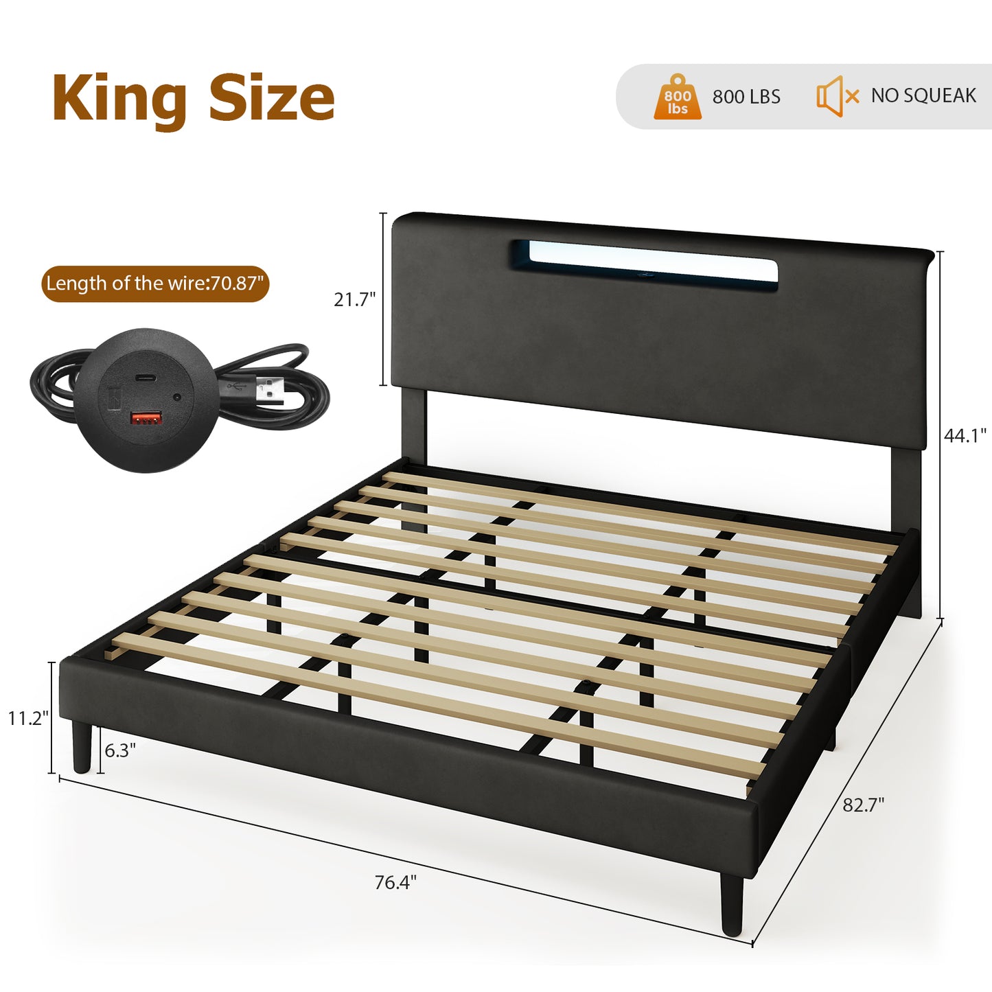 King Size Bed Frame With Charging Station And Adjustable LED Light Wood Slat Support Bed Frame With Upholstered Headboard No Box Spring Needed Easy Assembly
