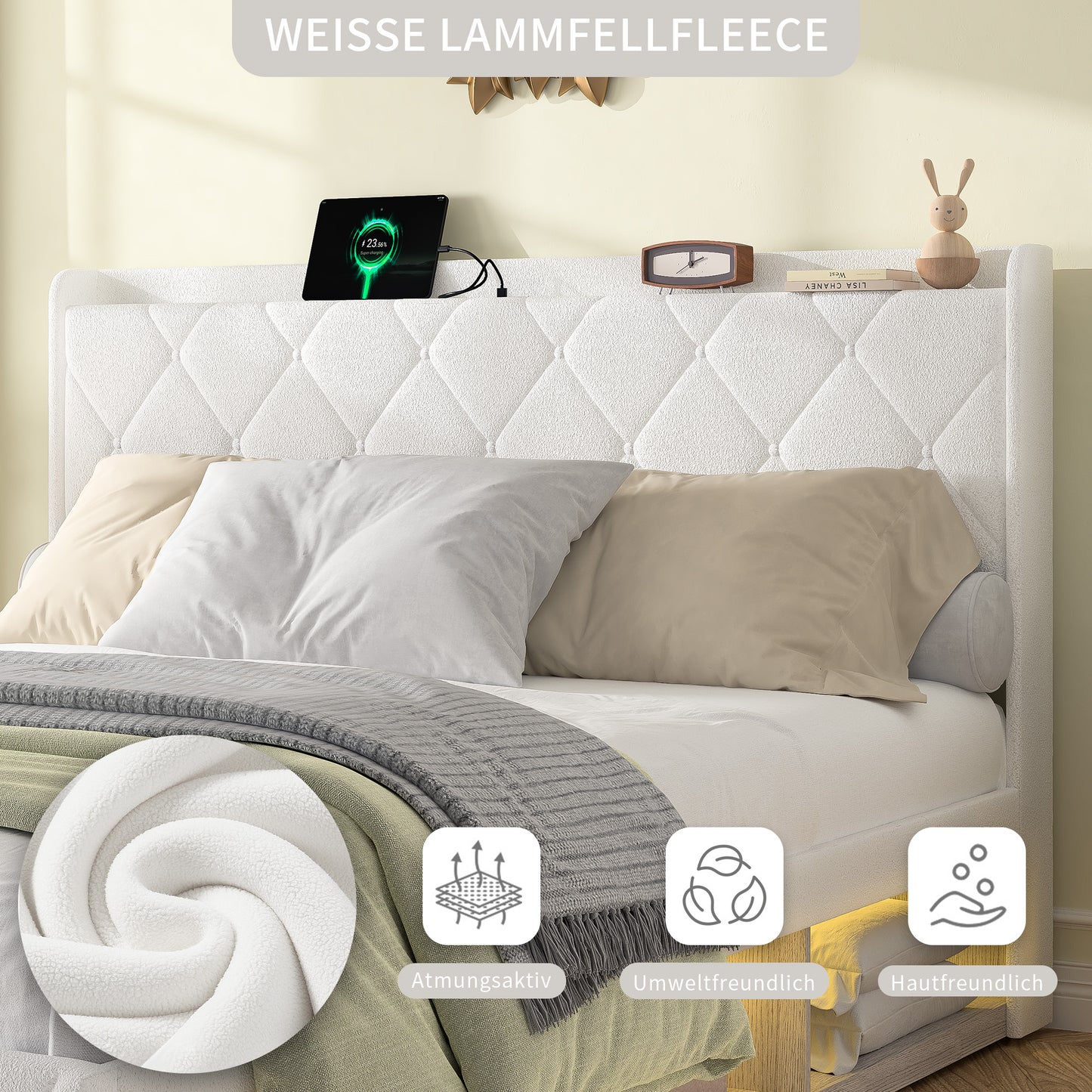 160 X 200 Cm Upholstered Bed, White Plush, Double Bed With USB Charging Function, LED Light Strips On Both Sides, Equipped With 6 Practical Drawers