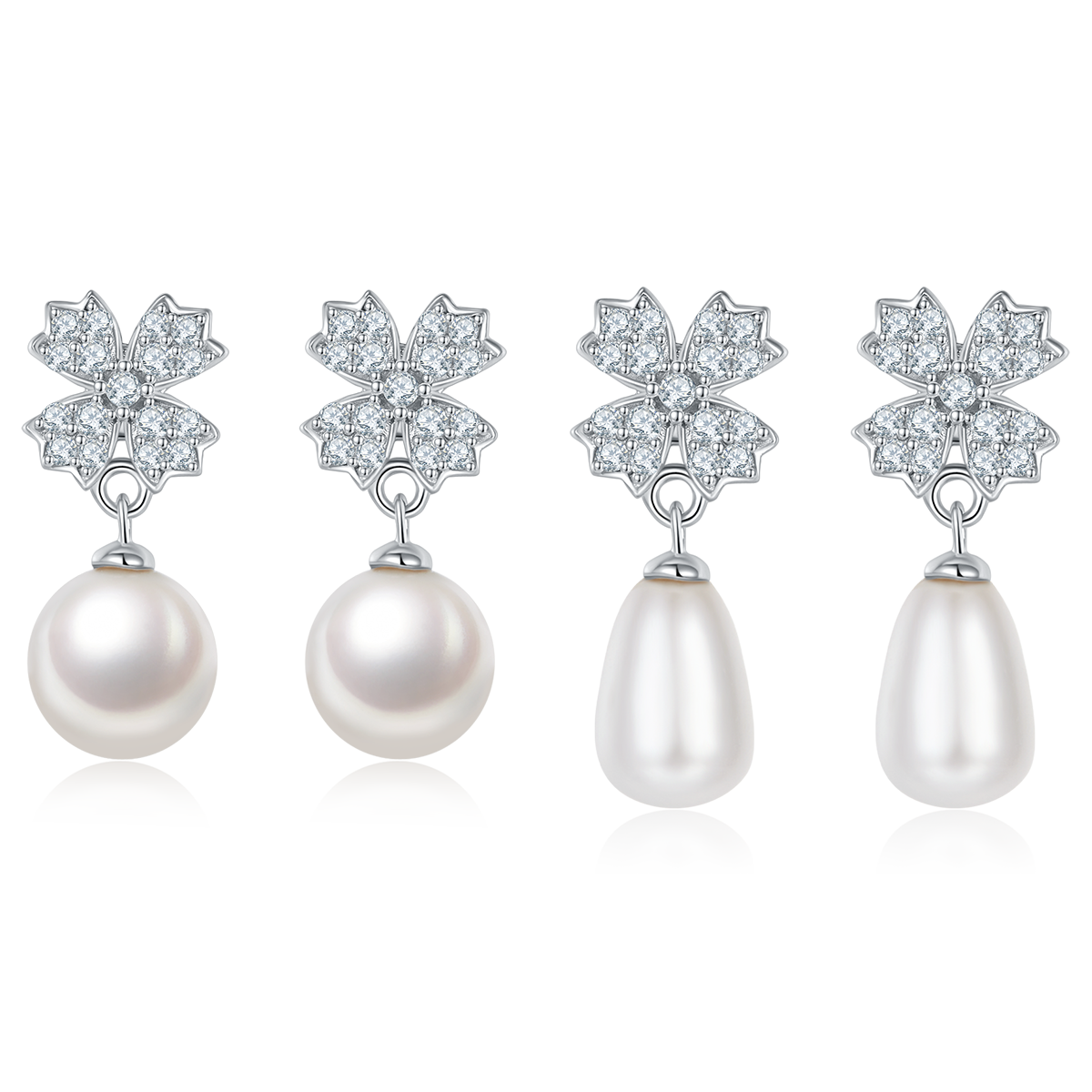 S925 Sterling Silver Natural Freshwater Pearl Dangle Earrings, Clover Pave, Round Teardrop Pearl, Platinum Plated, 2g, Gift Box