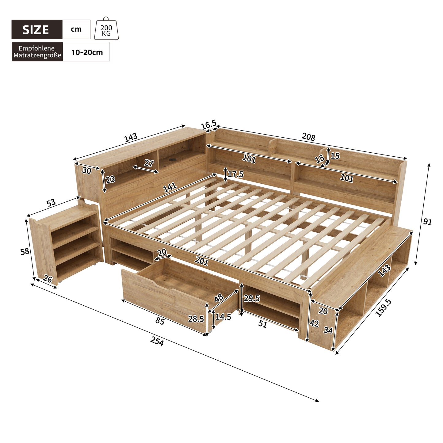Children's Bed, Storage Bed, 140 X 200 Cm, Single Bed, Multifunctional Cot With Bedside Table, Drawers, Shelves, Storage Cupboard, With Wireless Charging, Without Mattress, Natural