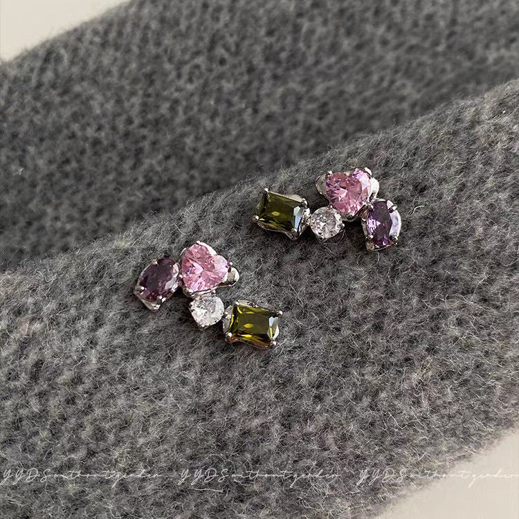 Exquisite Geometric Colorful Zircon Stud Earrings, Light Luxury High-End Dopamine Sweet Personalized Fashion Ear Jewelry For Women