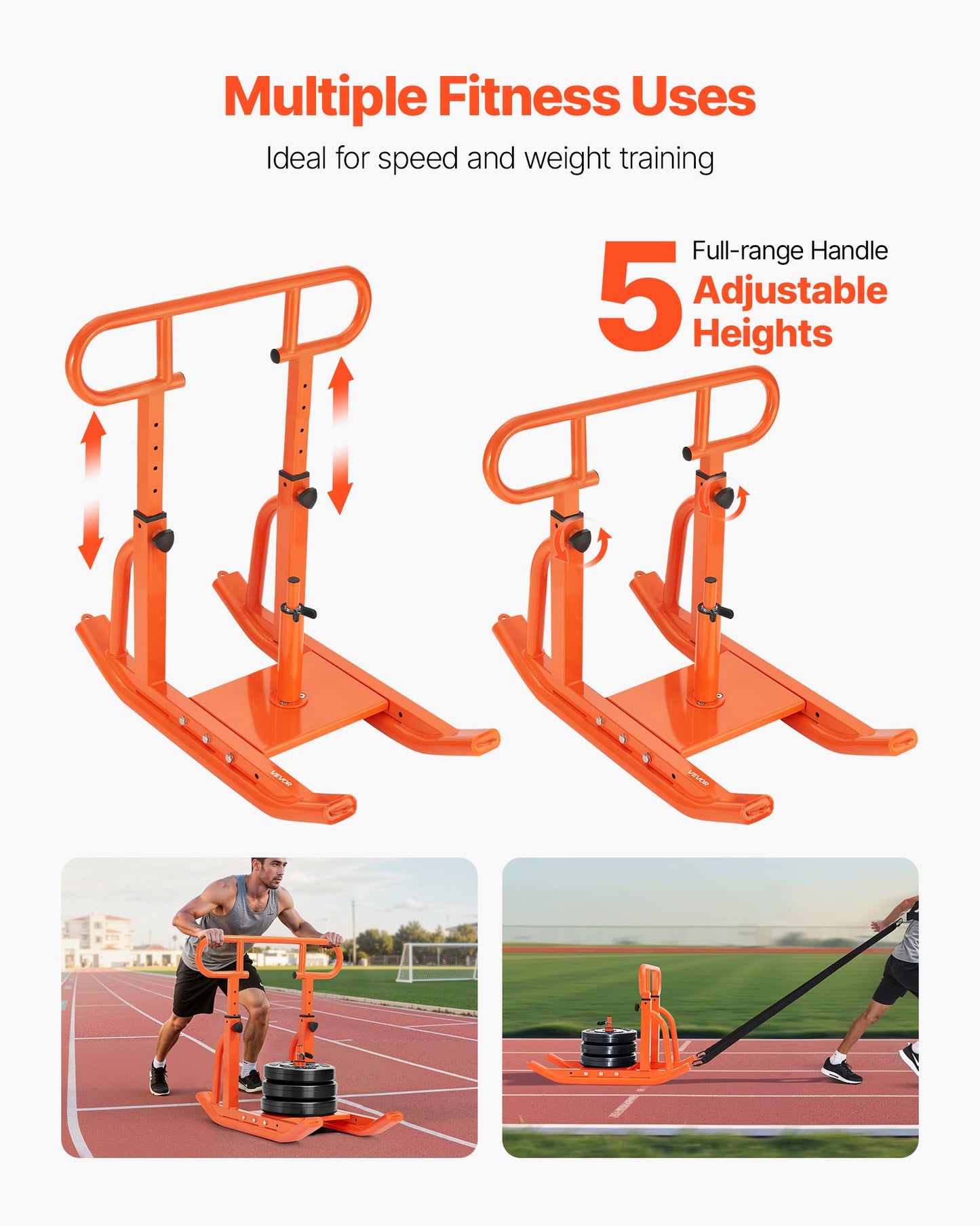 Weight Sled, Steel Power Sled, Fitness Training Sleds For Athletic Exercise Speed Improvement, Workout Equipment With Adjustable Height Handle, Compatible With 1/2 In Weight Plates, Orange