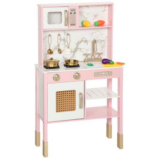 Kitchen Playset With Pretend Play Cooking Accessories, Play Kitchen With Oven, Microwave And Sink, Pink