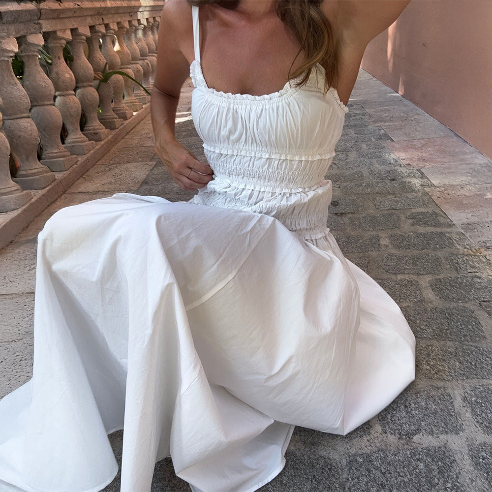New Seasonal Pleated Long White Slip Dress