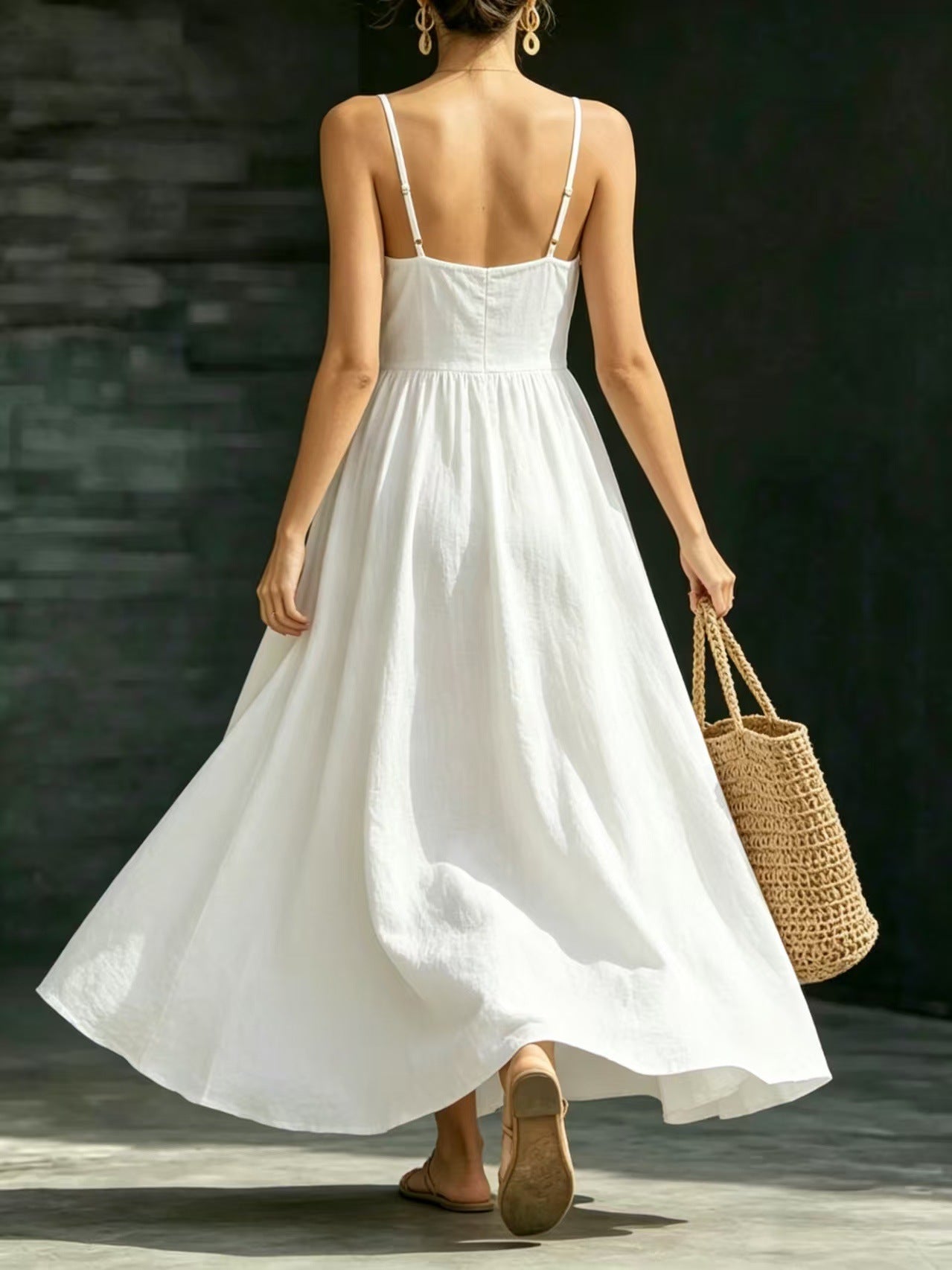 Summer V-Neck Spaghetti Strap Maxi Dress With Pockets - Elegant Vacation & Office Wear For Women