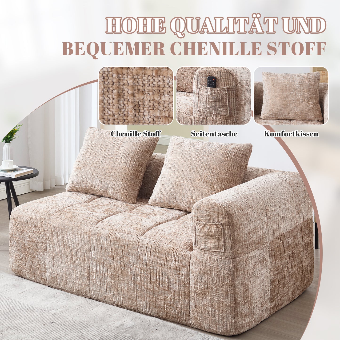 Comfortable Sofa For 2 People, No Assembly Required, Fluffy Sofa With A Cushion, Side Pockets For Remote Control And Mobile Phone, Neat And Stylish, Khaki