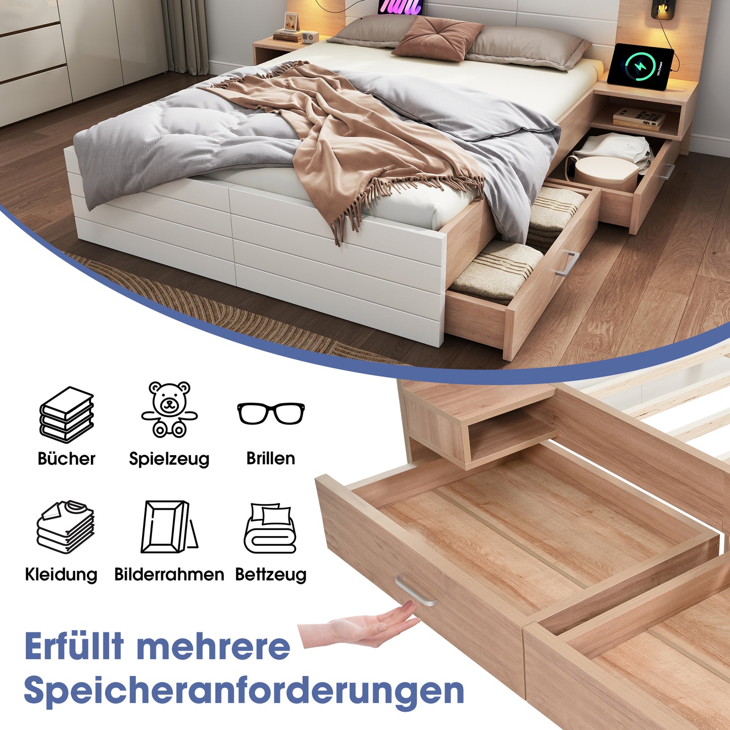 Double Bed Wooden Bed Bed140x200cm With 2 Drawers, Headboard Reading Light With USB Charging Function, Modern Bed Incl. 2 Bedside Dressers, Bed Frame & Slatted Frame215x80x207cm Set In Oak White Witho