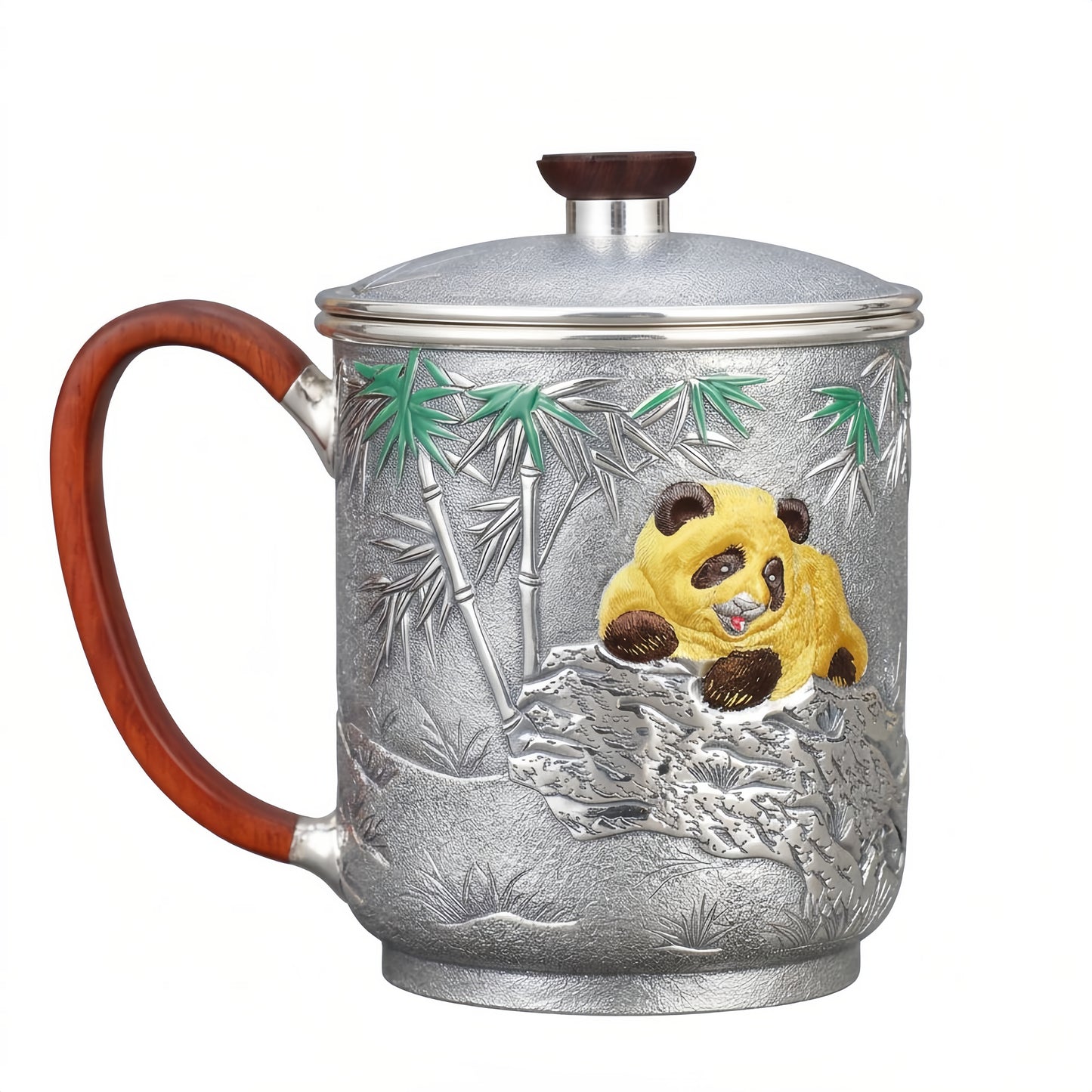Pure 999 Fine Silver  Teapot with Wooden Accents and Playful Panda Design-Premium Tea Mug - Handicraft