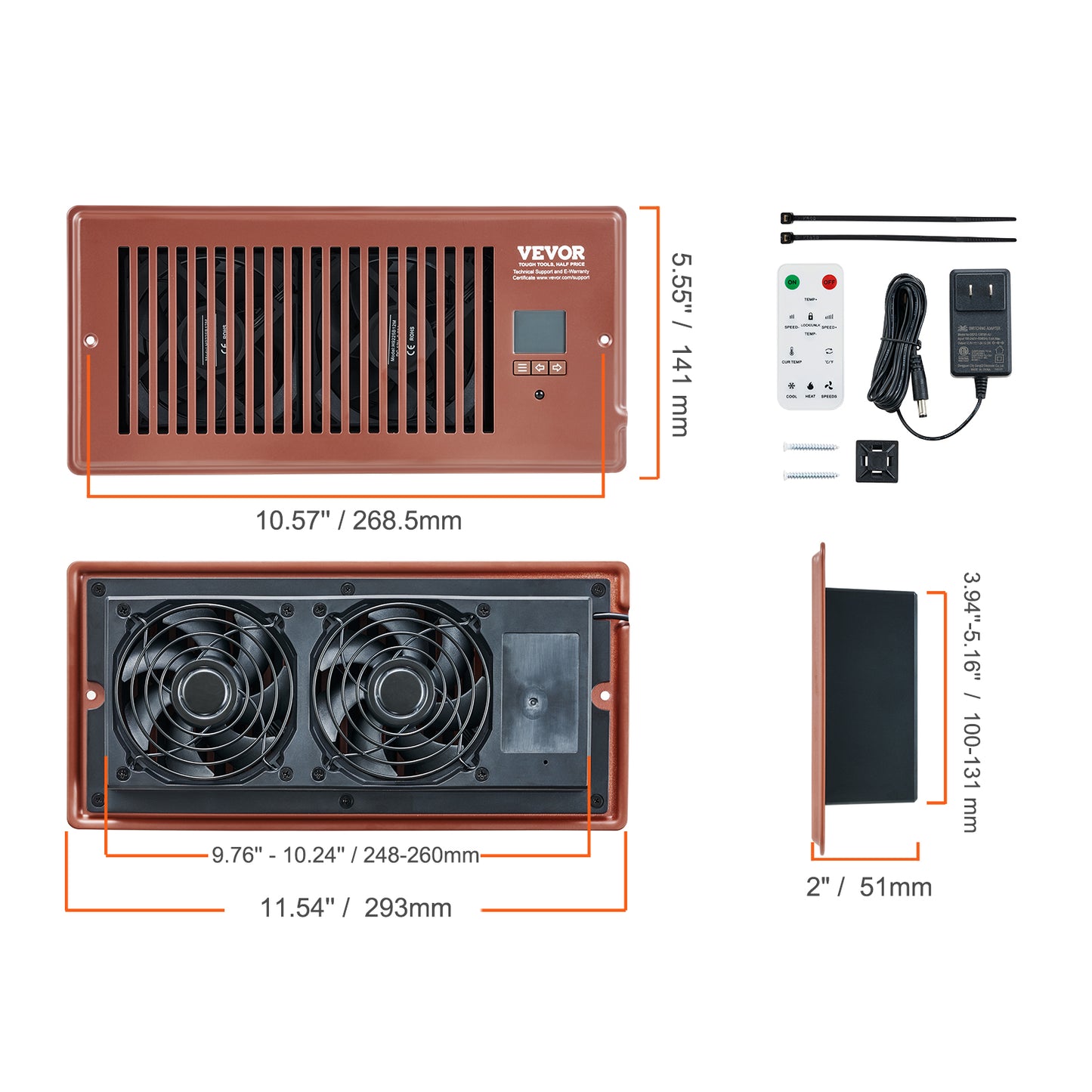 VEVOR Register Booster Fan, Quiet Vent Booster Fan Fits Register Holes, With Remote Control And Thermostat Control, Adjustable Speed For Heating Cooling Smart Vent, Brown