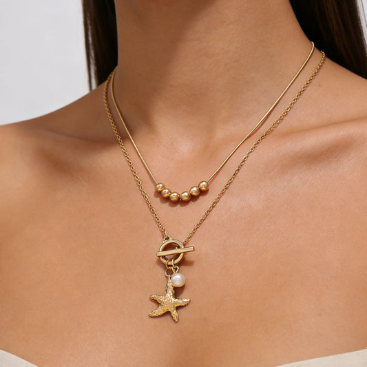 Cross-border Fashion Vacation Ocean Series Necklace For Women, Casual Premium Texture Clavicle Chain With Shell & Starfish, OT Clasp Design Neck Jewelry