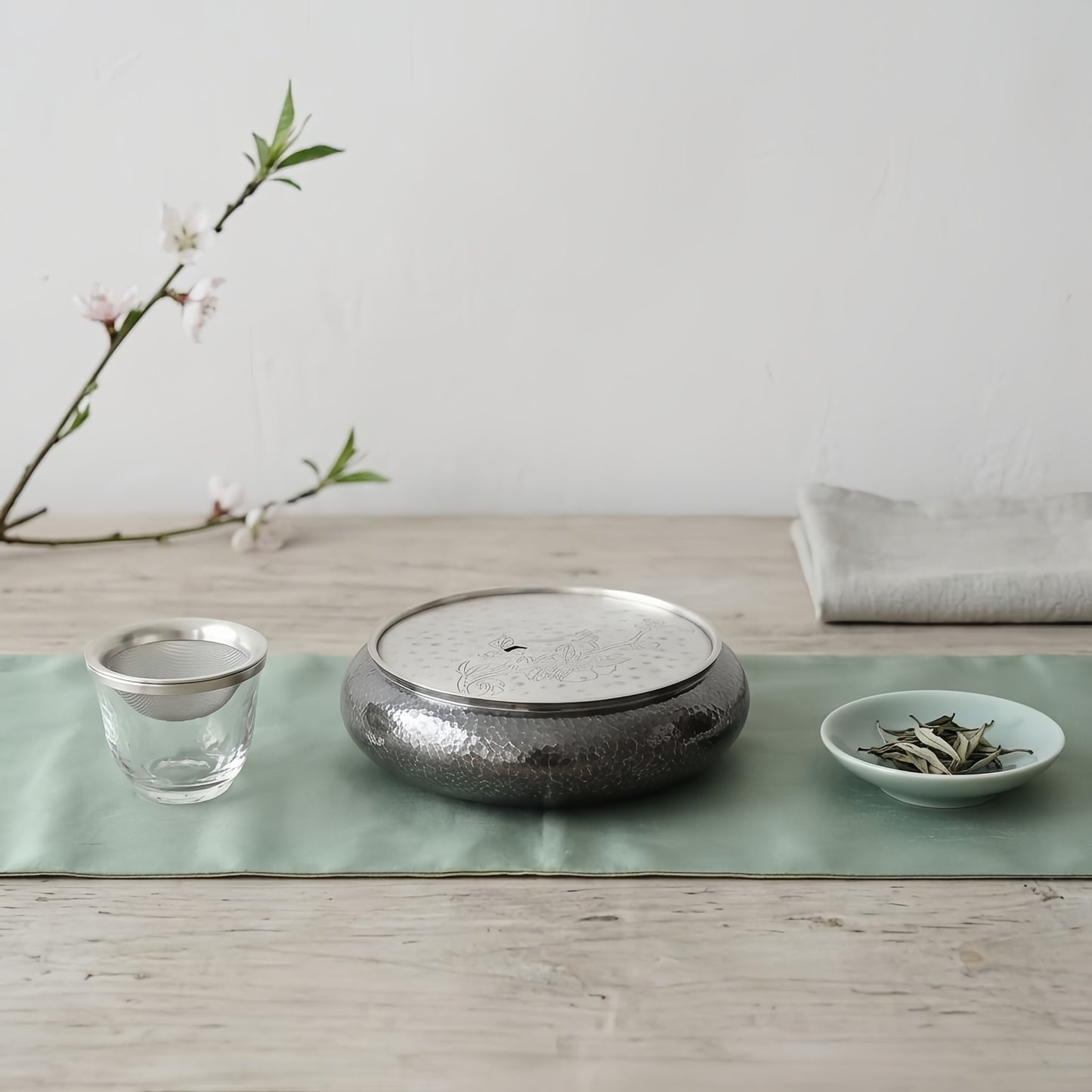 Pure 999 Fine Silver Elegant Hammered Silver-Tone Tea Caddy with Engraved Bird and Blossom Lid - Handicraft